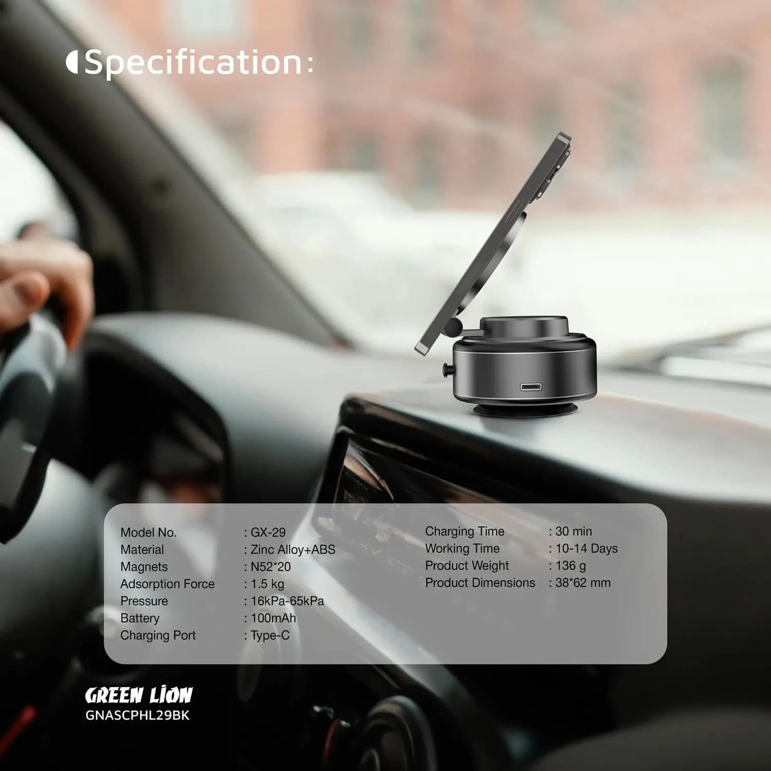 Green Lion Phone Holder GX-29 - Auto Suction, 360° Rotation, Matte Black 3
