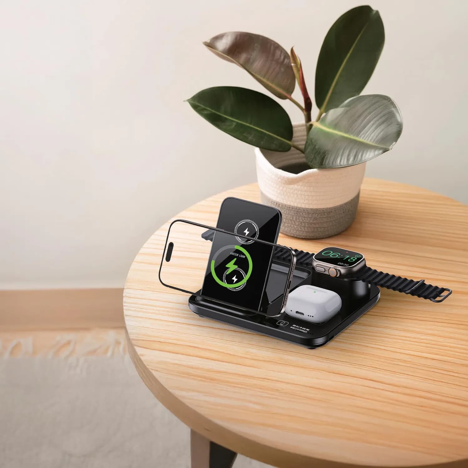 Green Lion Wireless Charging Station - 3-in-1 Auto-Lifting Stand, 15W, Black 2