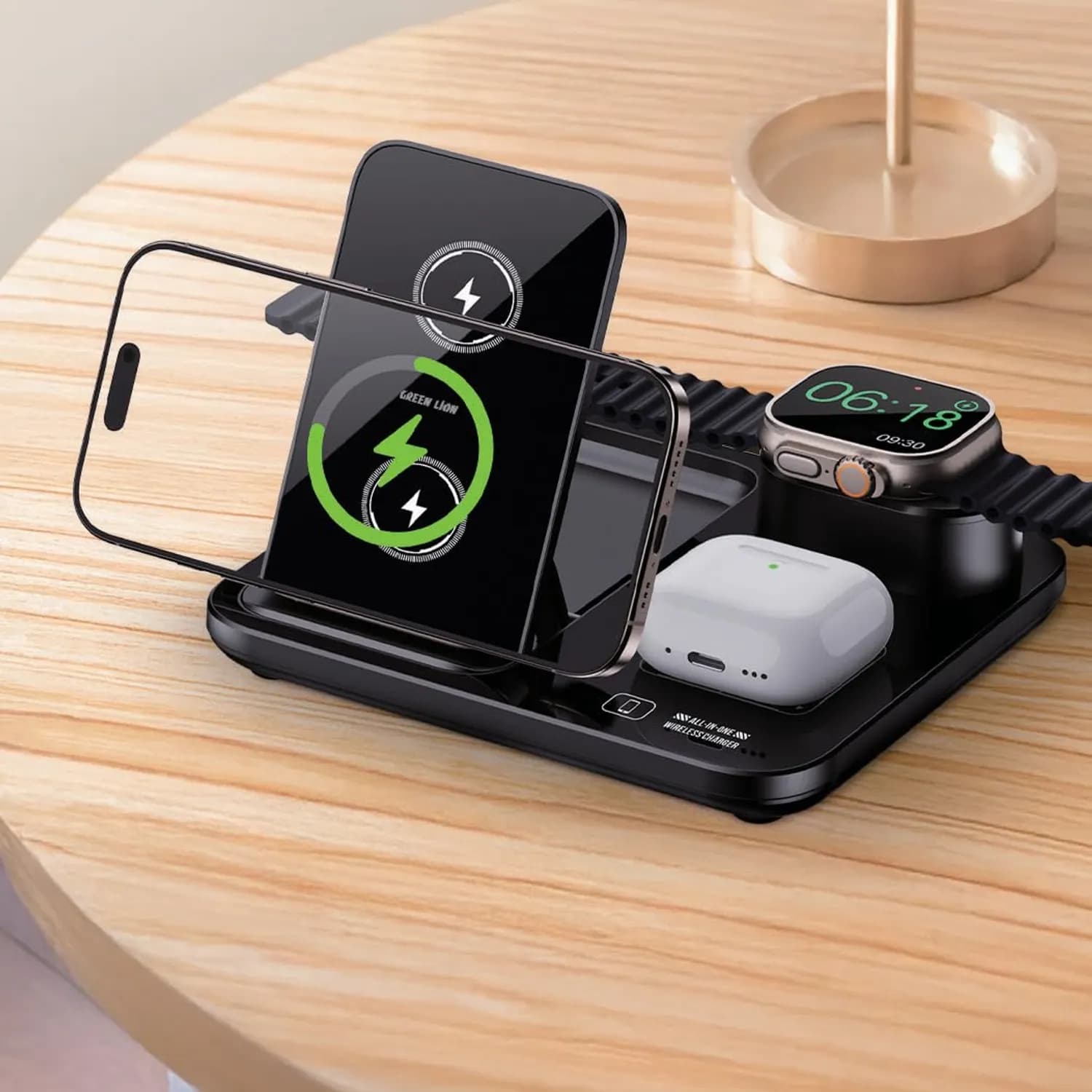 Green Lion Wireless Charging Station - 3-in-1 Auto-Lifting Stand, 15W, Black 3