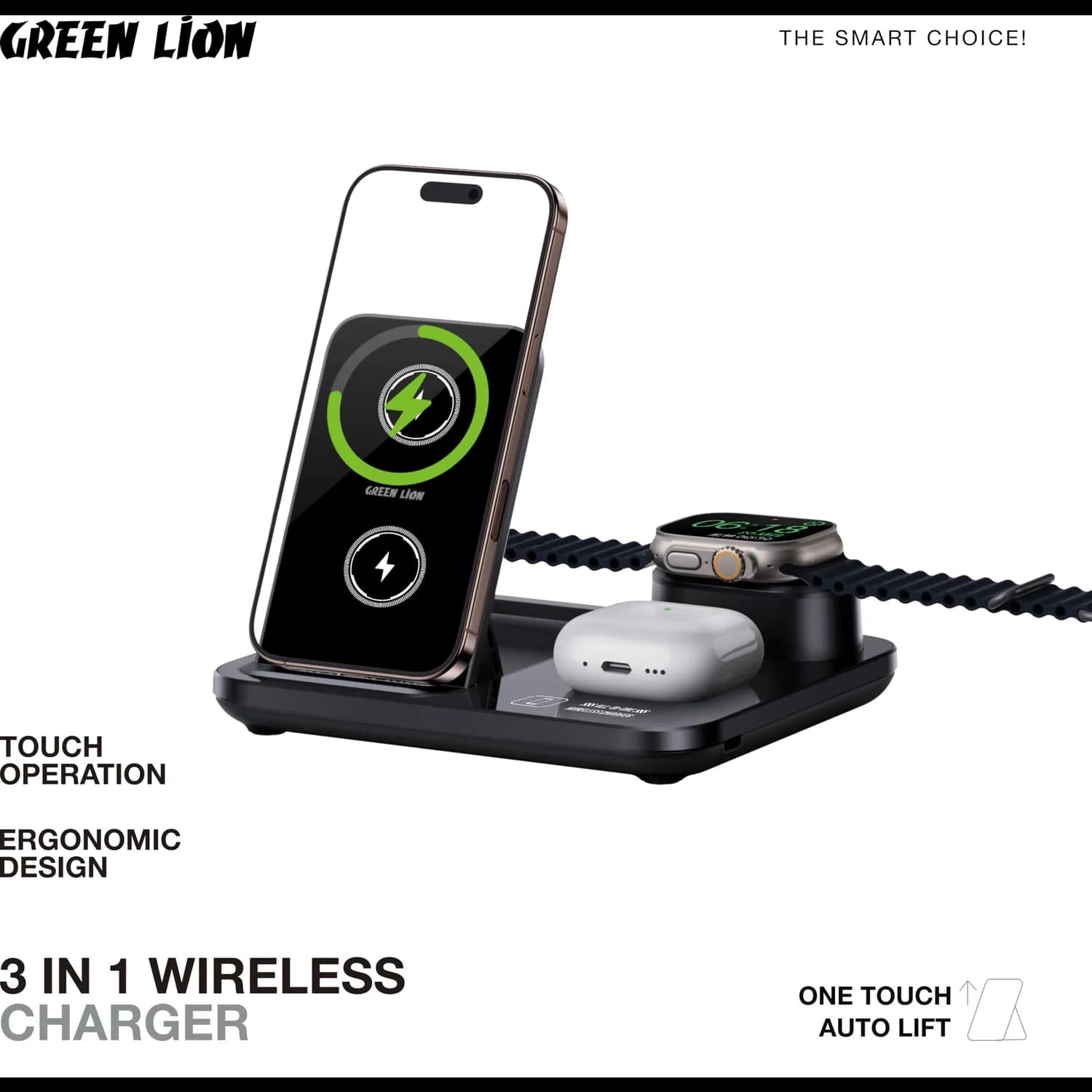 Green Lion Wireless Charging Station - 3-in-1 Auto-Lifting Stand, 15W, Black 4