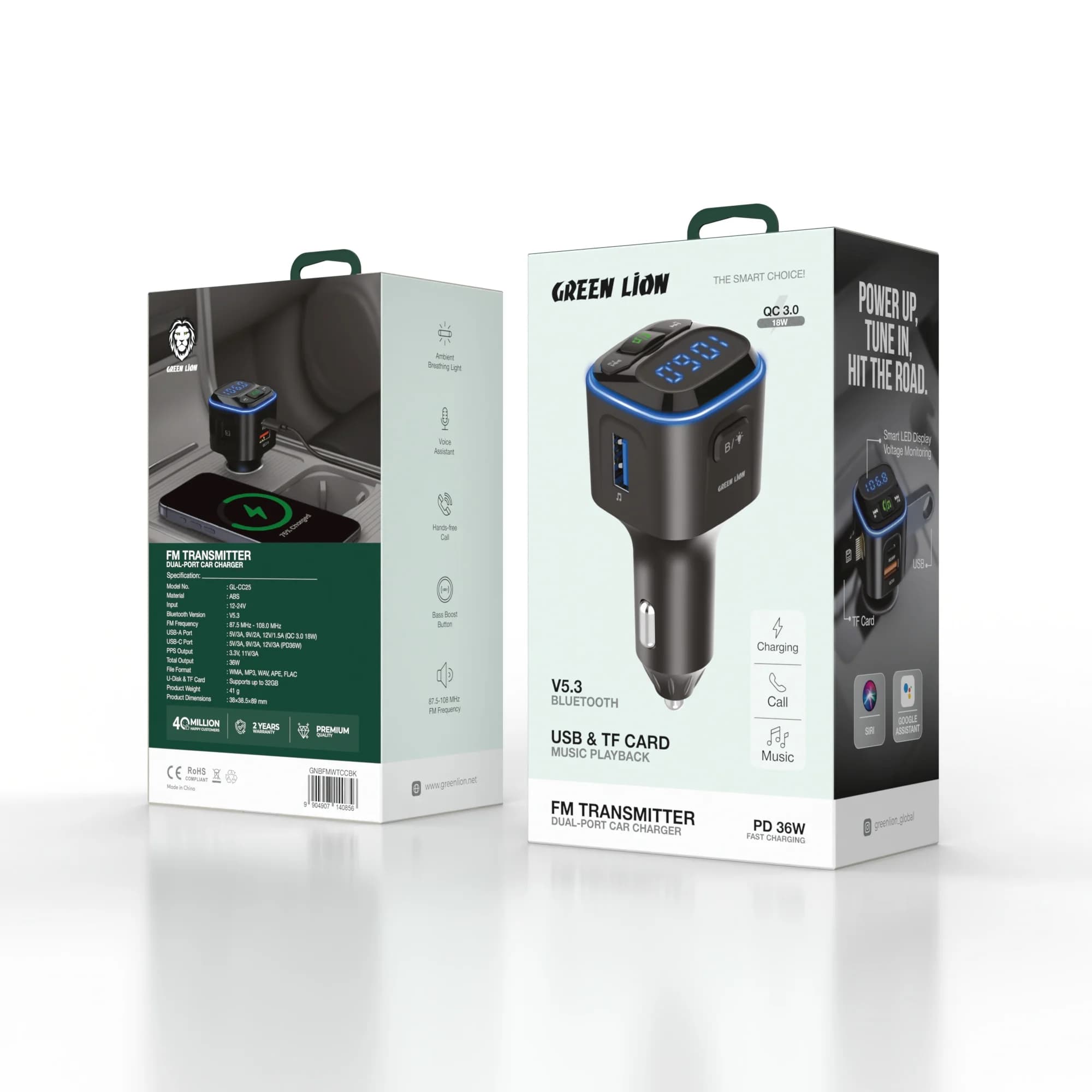 Green Lion FM Transmitter Dual-Port Car Charger - Black 1