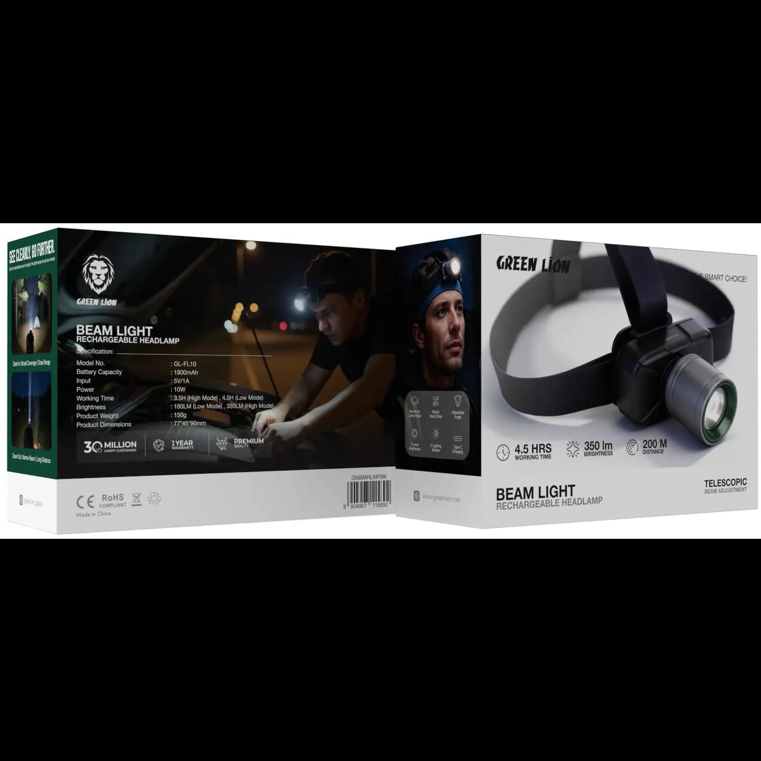 Green Lion Headlamp - 350 Lumens, Rechargeable, Black 3