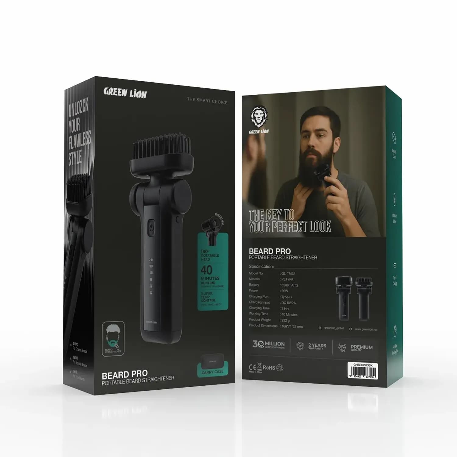 Green Lion Beard Straightener Brush - Cordless, Black 2