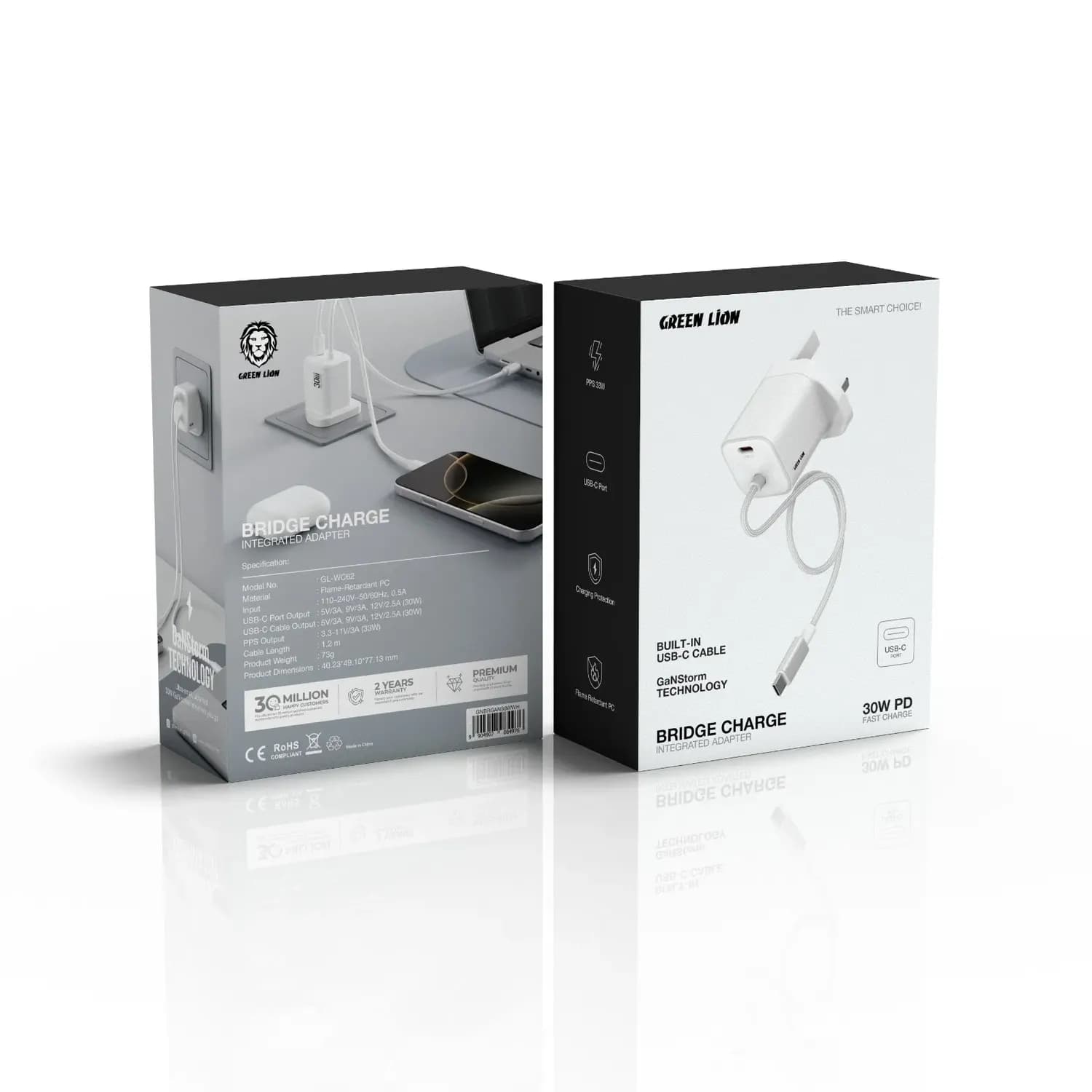 Green Lion GaN Charger - 30W PD, Built-In USB-C Cable, White 2