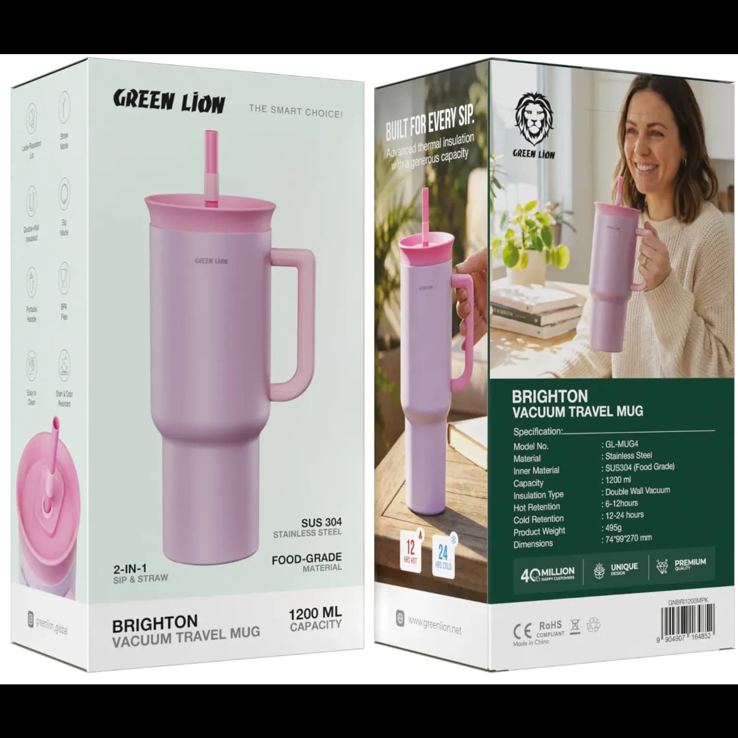 Green Lion Travel Mug Brighton - Vacuum Insulated 1200ml, Pink — Pink 5