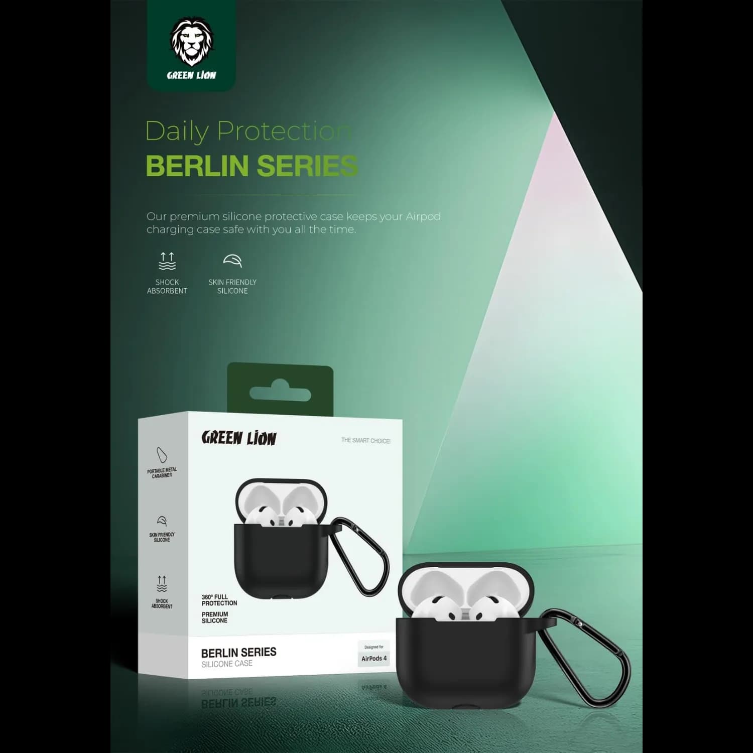 Green Lion Silicone Case for AirPods 4 - Metal Carabiner, Black — White 3