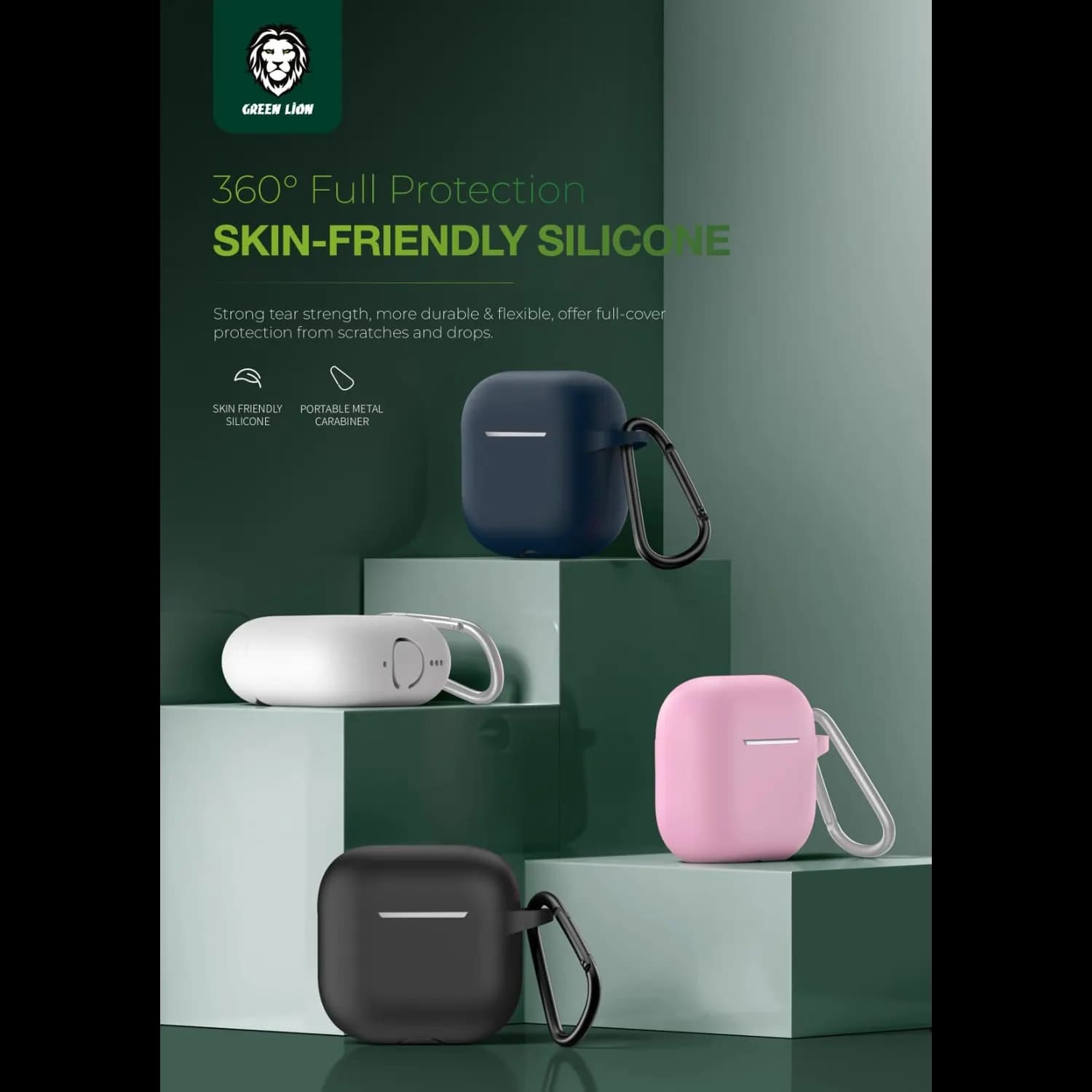 Green Lion Silicone Case for AirPods 4 - Metal Carabiner, Black — White 4