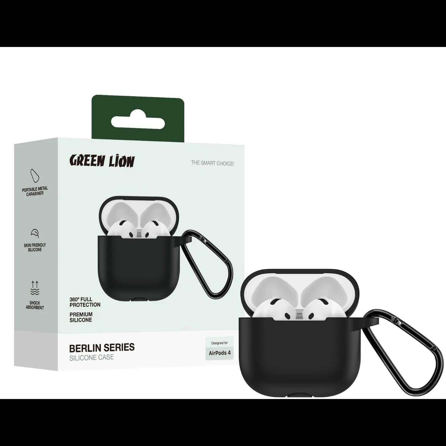 Green Lion Silicone Case for AirPods 4 - Metal Carabiner, Black — White 6