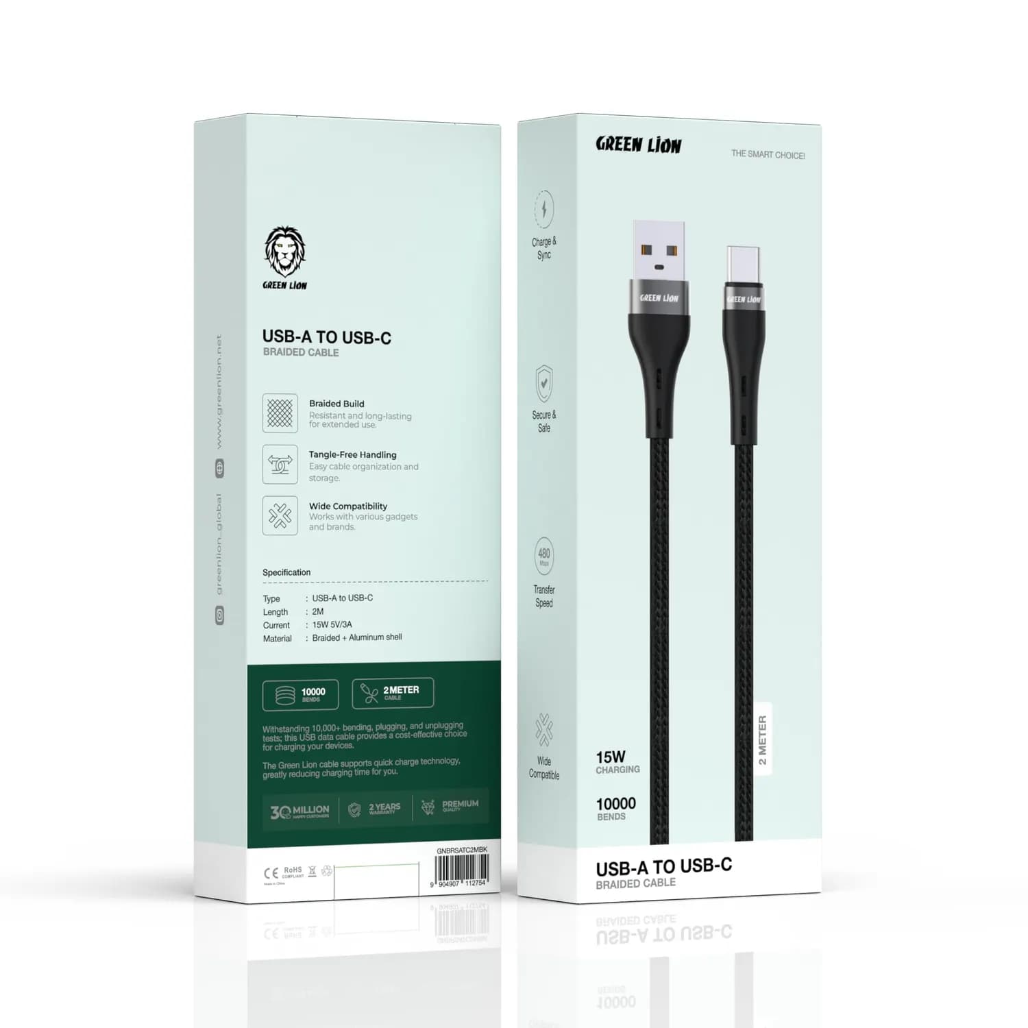 Green Lion USB-A to USB-C Cable - 2m Braided, 15W Fast Charge, Black 2