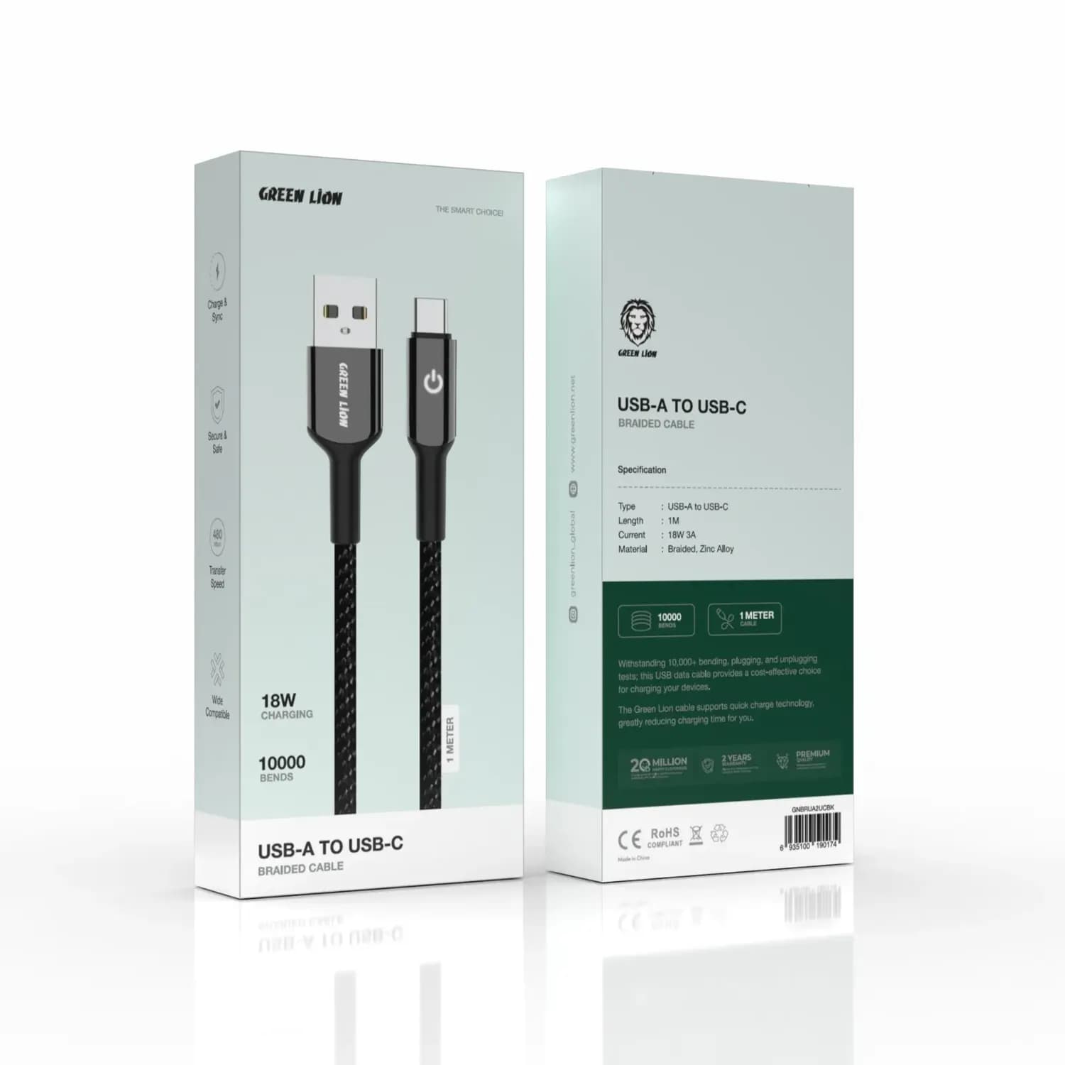 Green Lion USB-A to USB-C Braided Cable - Durable Zinc Alloy, Black 2