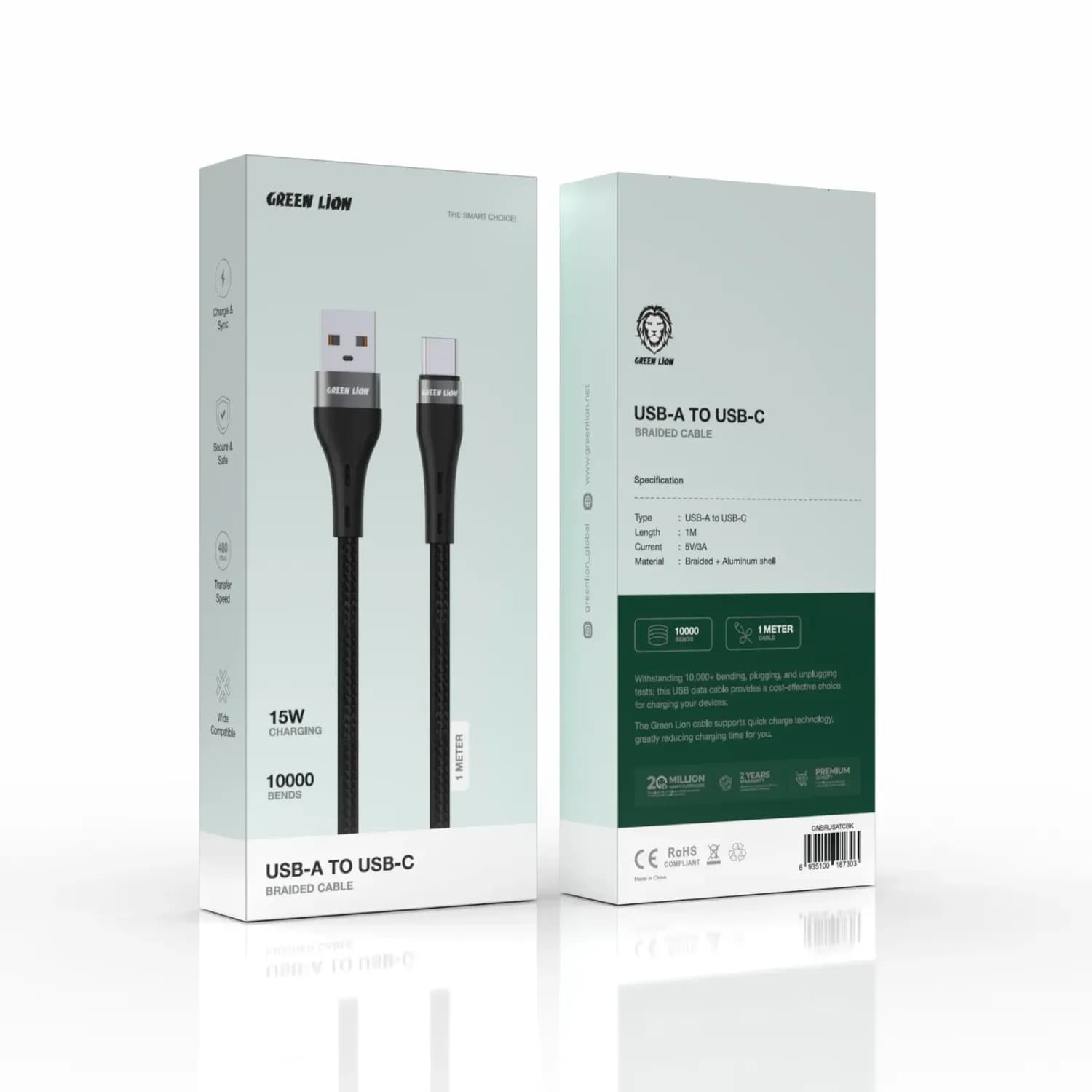 Green Lion USB-A to USB-C Braided Cable - 1M 15W, Black 2