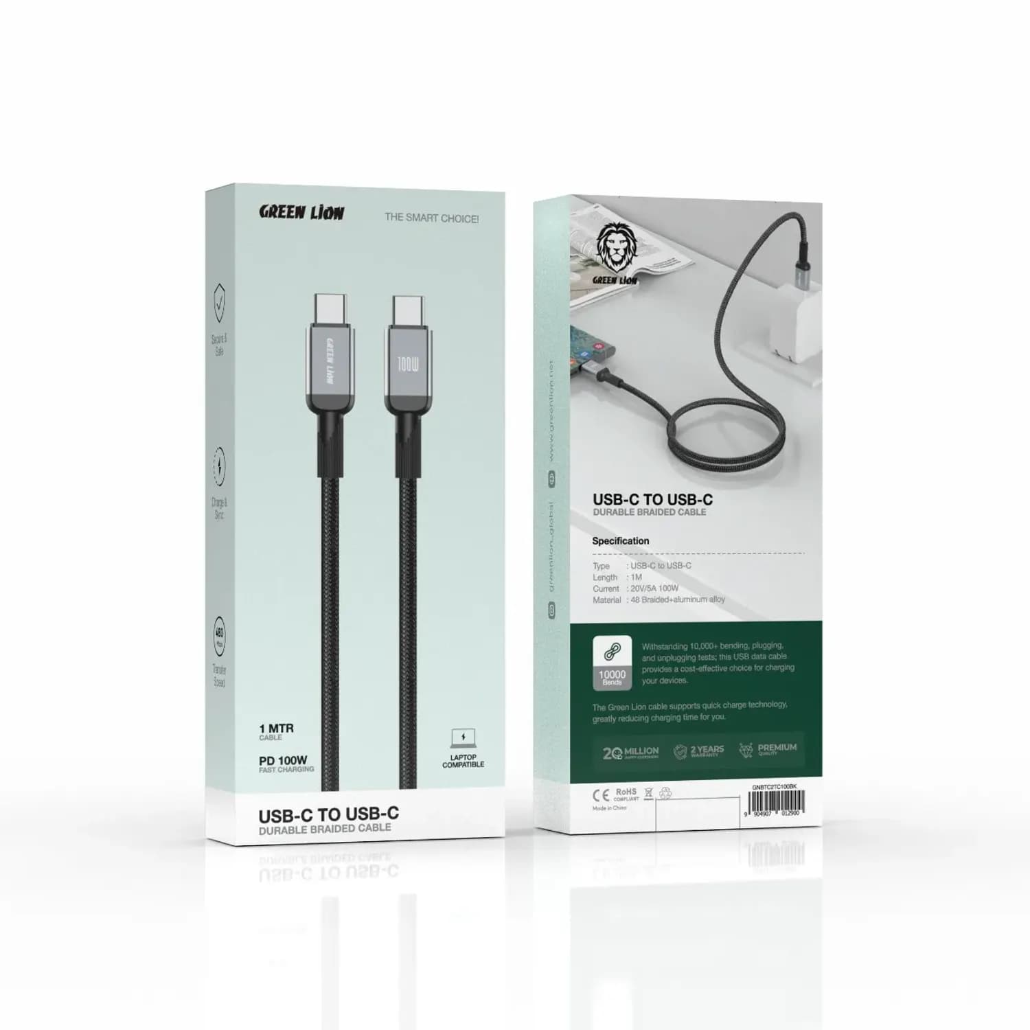 Green Lion USB-C Cable - 1M, 100W PD Fast Charge, Black 2