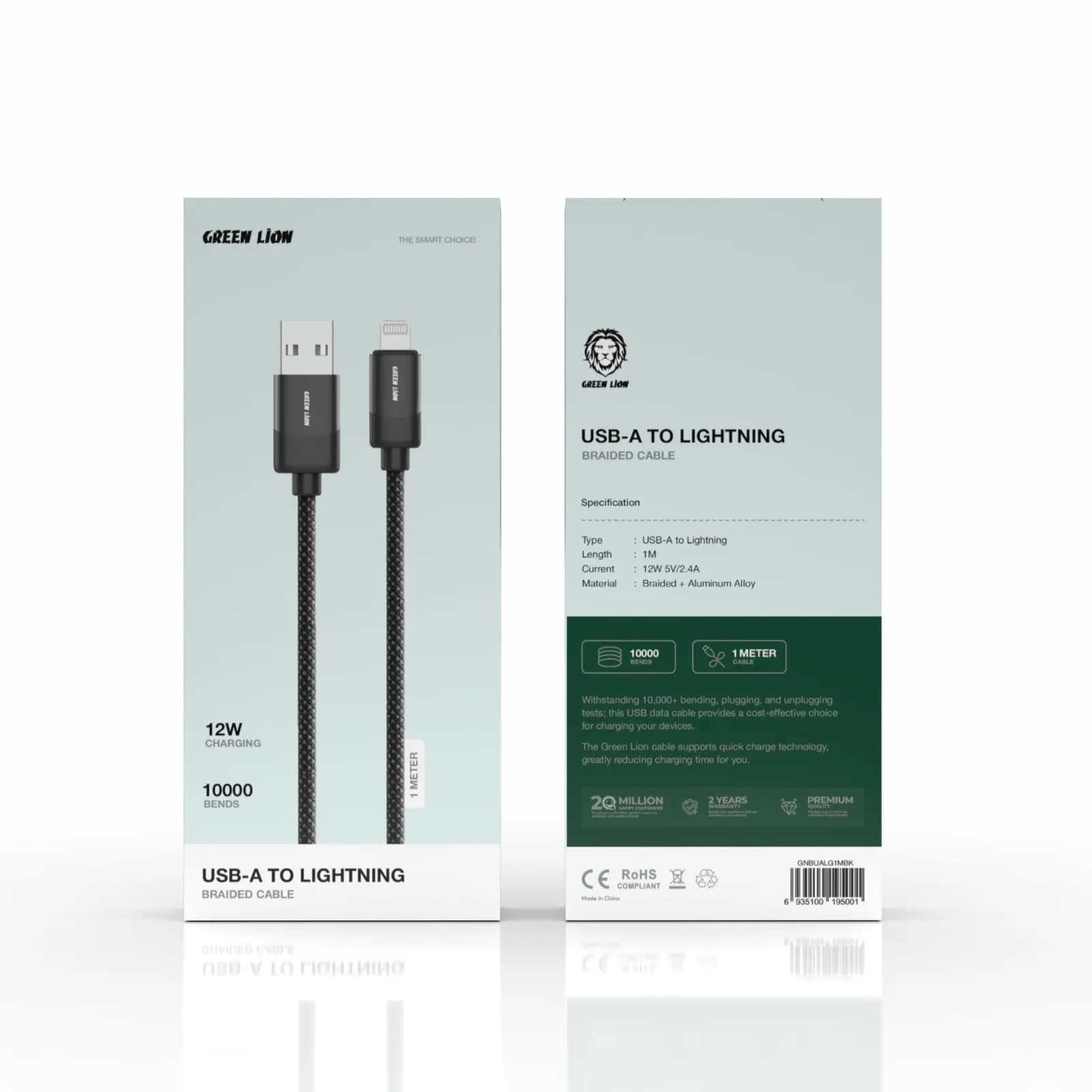 Green Lion USB-A to Lightning Braided Cable 1m 12W - Black 1 Green Lion USB-A to Lightning Braided Cable 1m 12W - Black 1