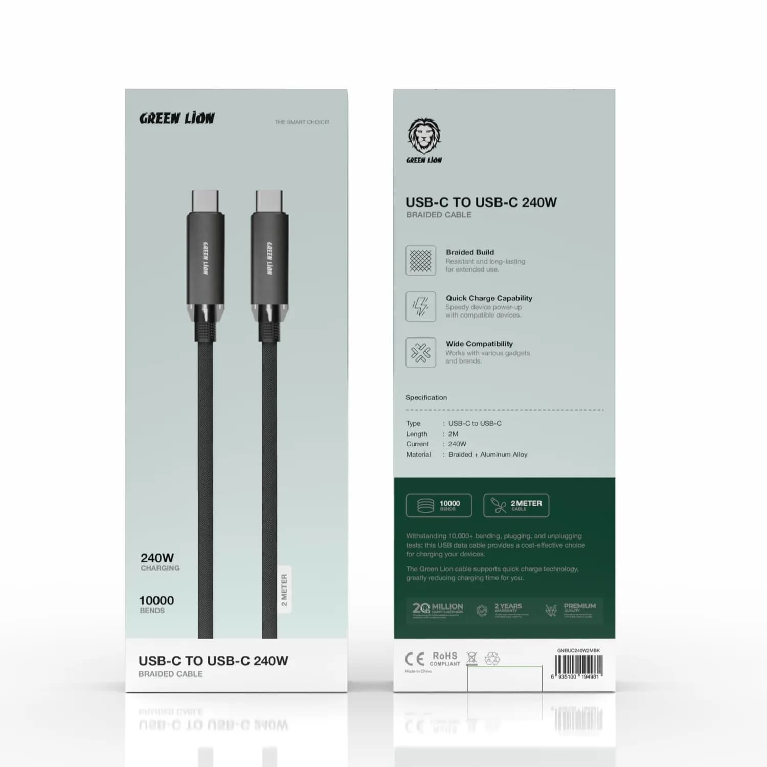 Green Lion USB Type-C Cable - 240W Fast Charge, Black 2