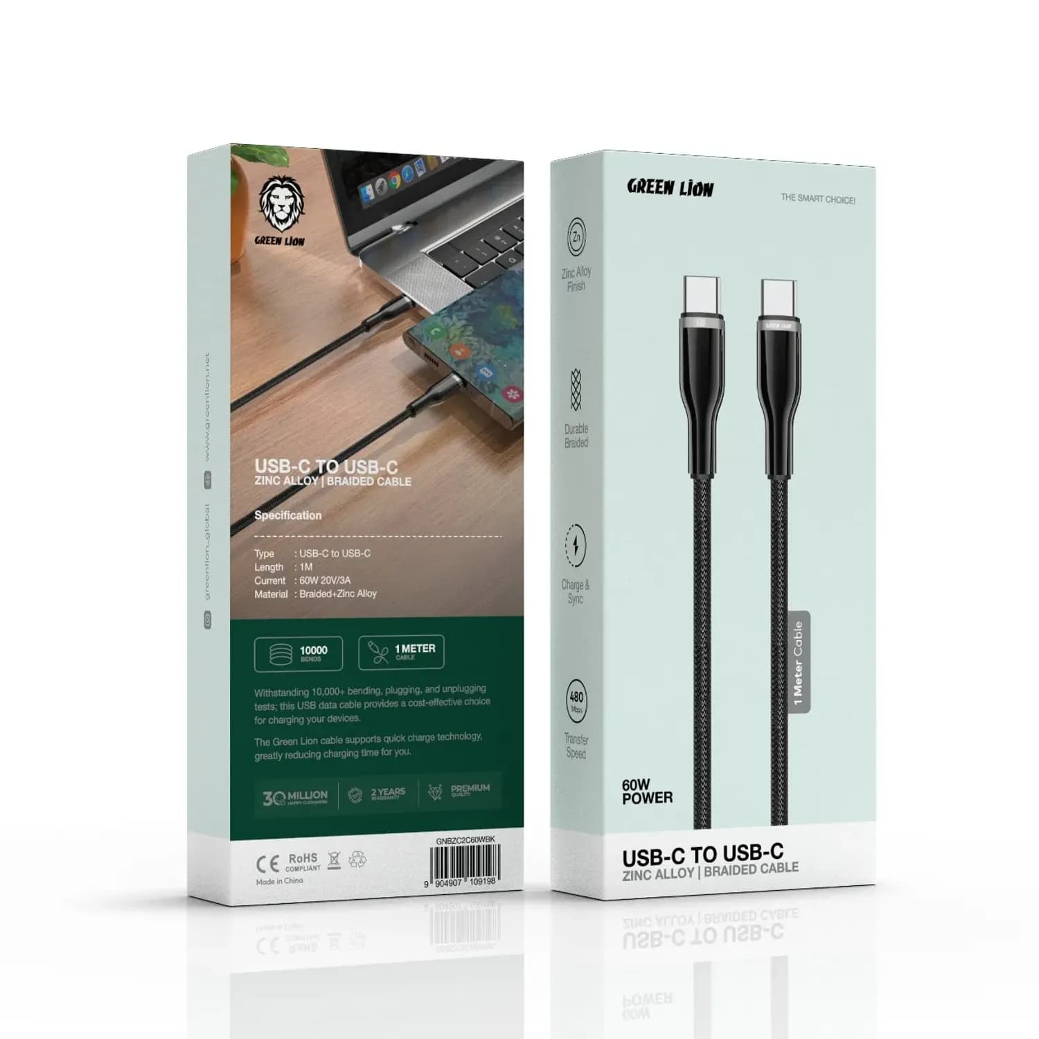 Green Lion USB-C Cable - 60W Braided Zinc Alloy, Black 3