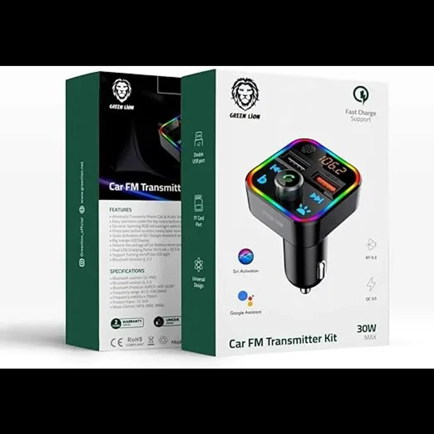 Green Lion Car FM Transmitter Kit - Bluetooth 5.3, Dual USB, Black 4