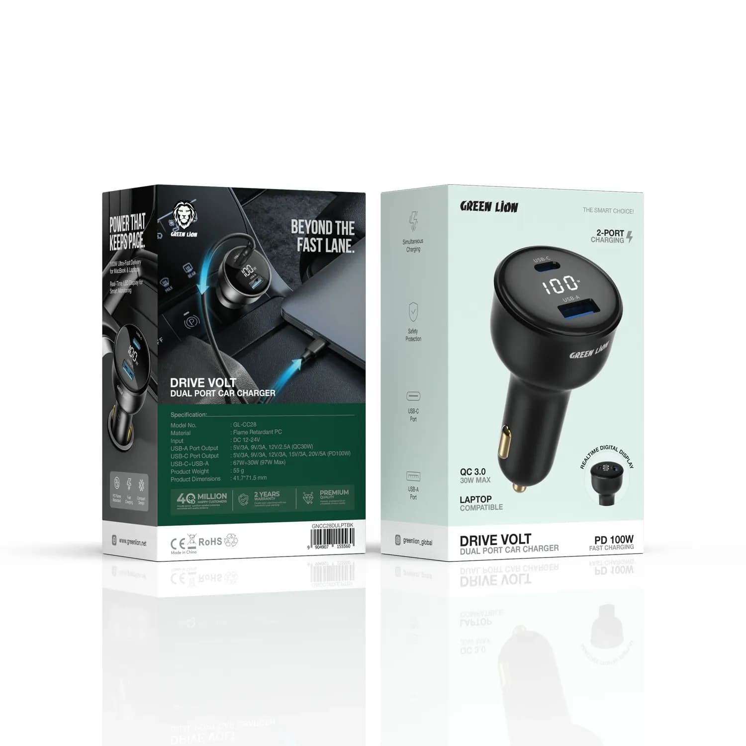Green Lion Car Charger DRIVE VOLT - Dual Port 100W, Black 3