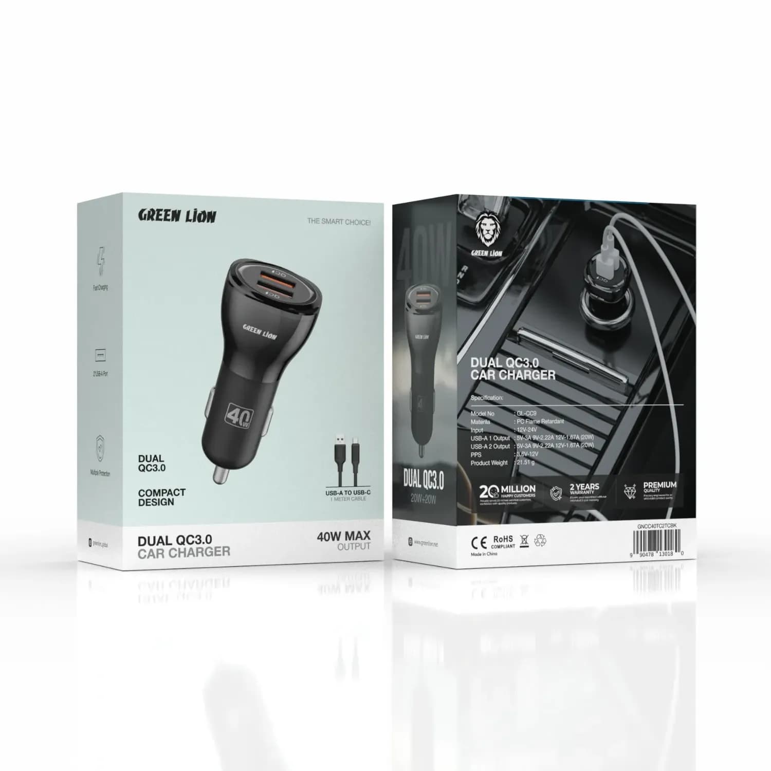Green Lion Car Charger - Dual QC3.0 40W, Black with Type-A to Type-C Cable 5