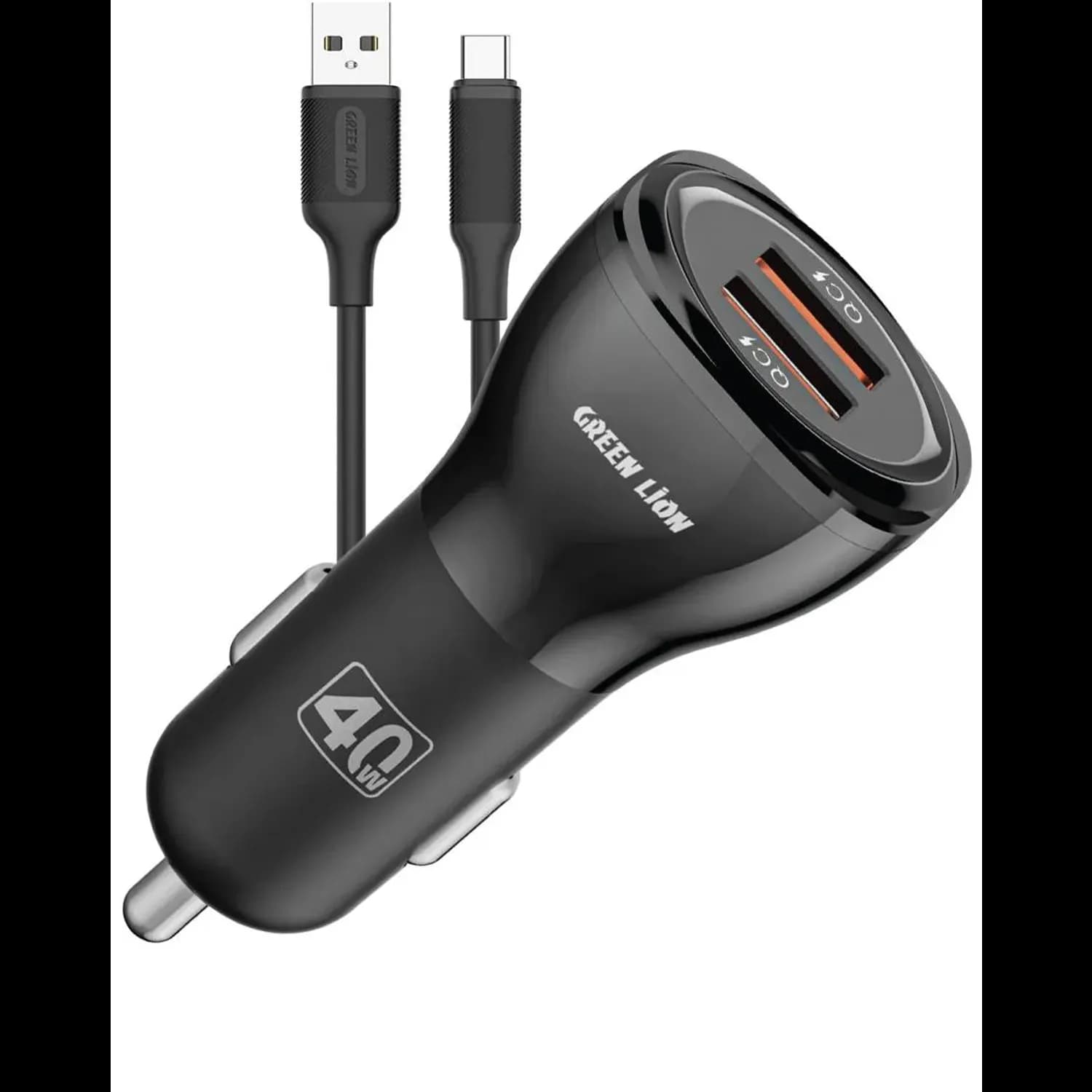 Green Lion Car Charger - Dual QC3.0 40W, Black with Type-A to Type-C Cable 1