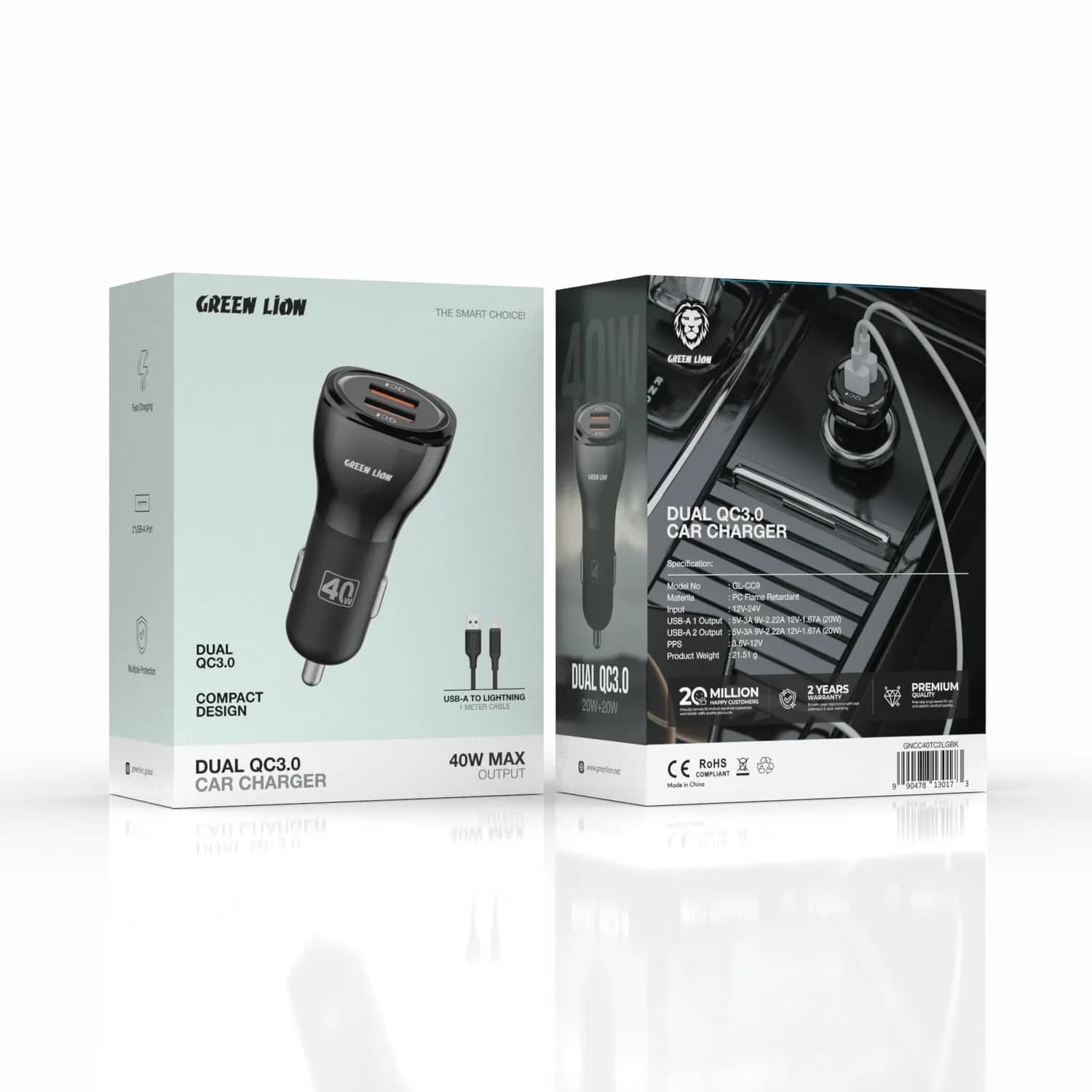 Green Lion Car Charger - Dual QC3.0 40W, Black 3