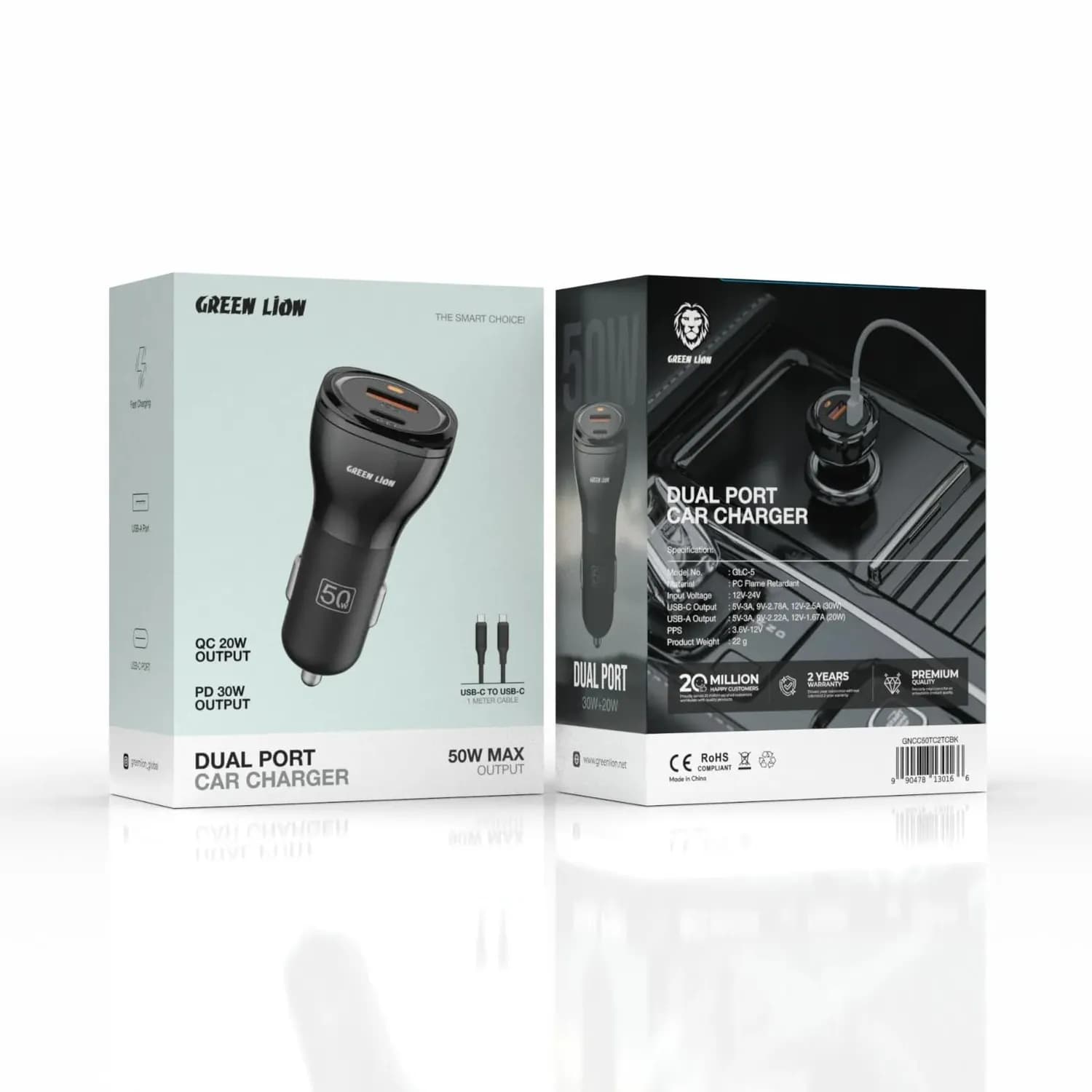 Green Lion Car Charger - Dual Port 50W USB-A & USB-C, Black 5