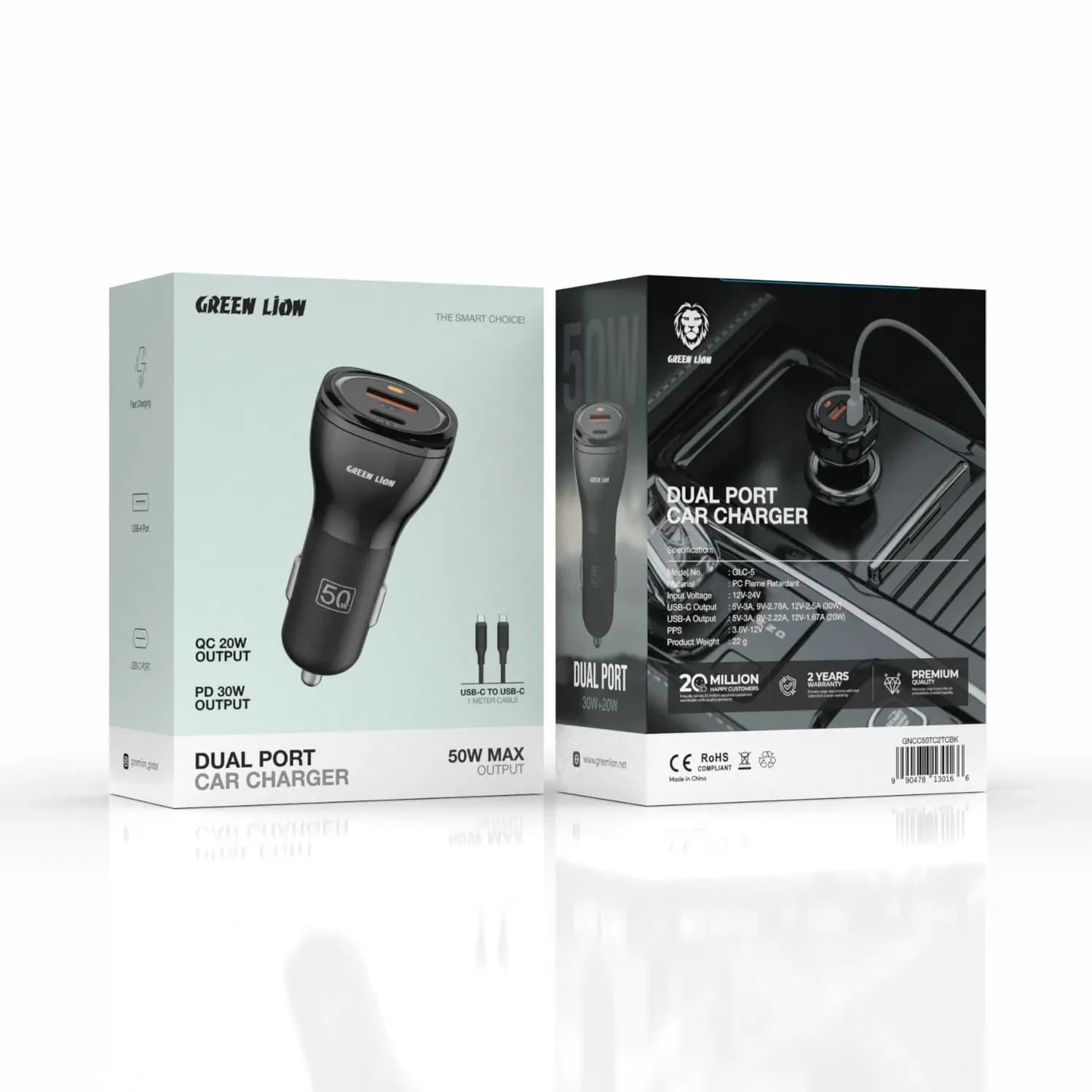 Green Lion Car Charger - Dual Port 50W USB-A & USB-C, Black 3