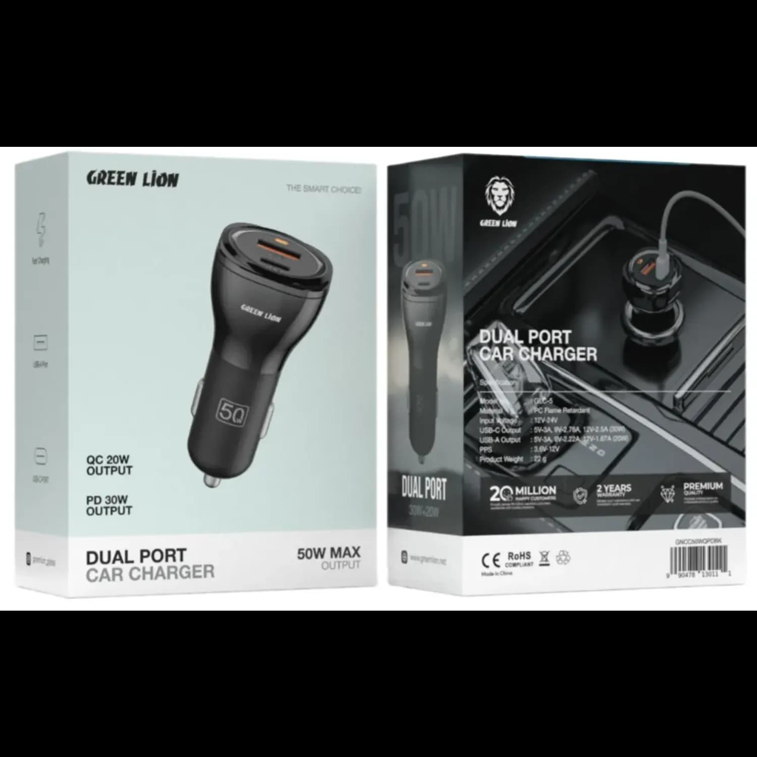Green Lion Car Charger - Dual Port 50W Fast Charge, Black 4