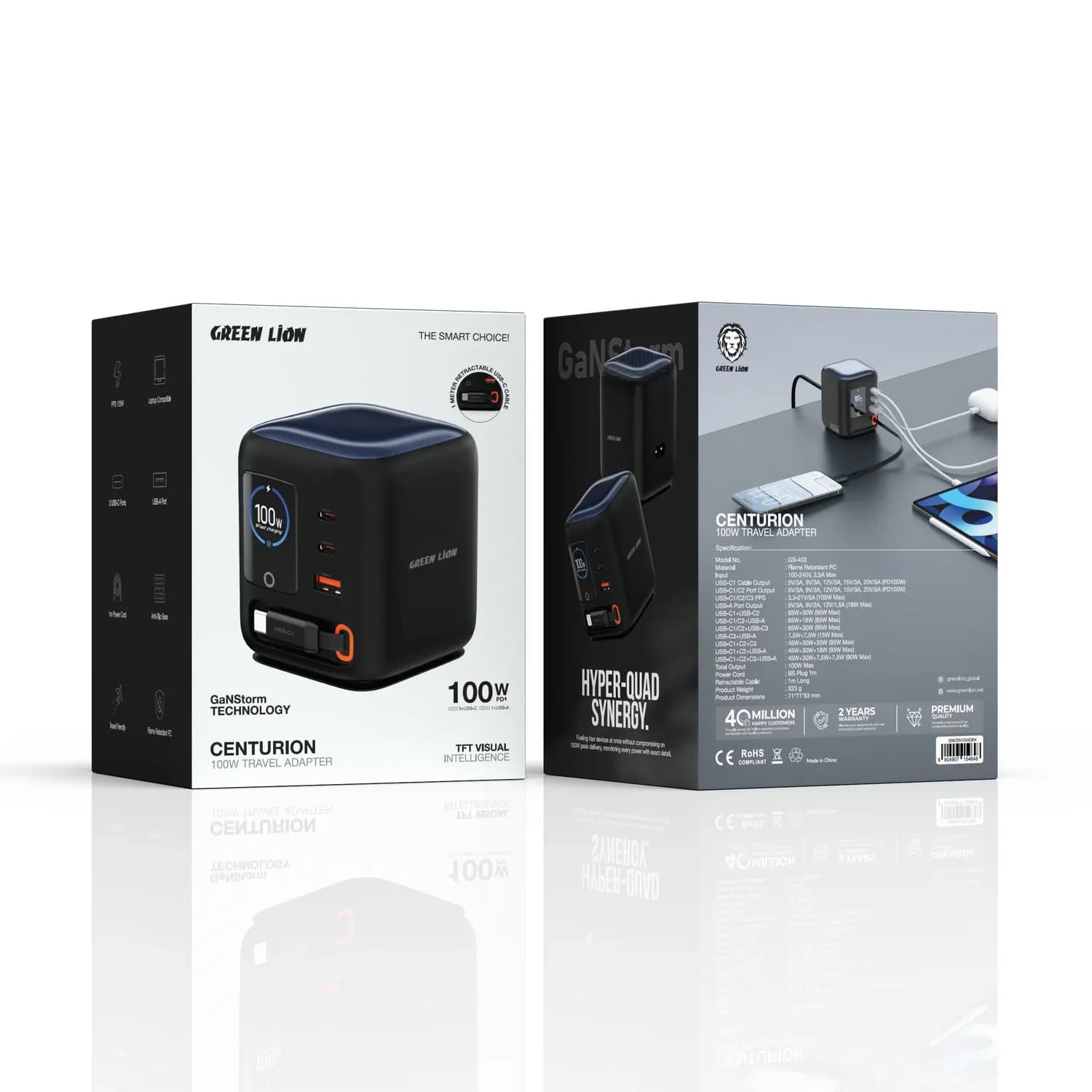 Green Lion Travel Adapter Centurion - 100W GaN, Black 4