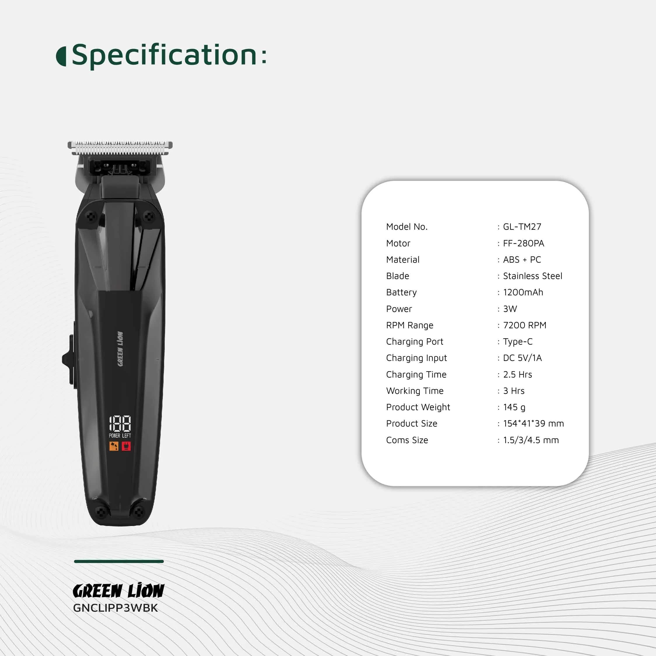 Green Lion Hair Clipper GNCLIPP3WBK - Cordless Rechargeable, Black 3