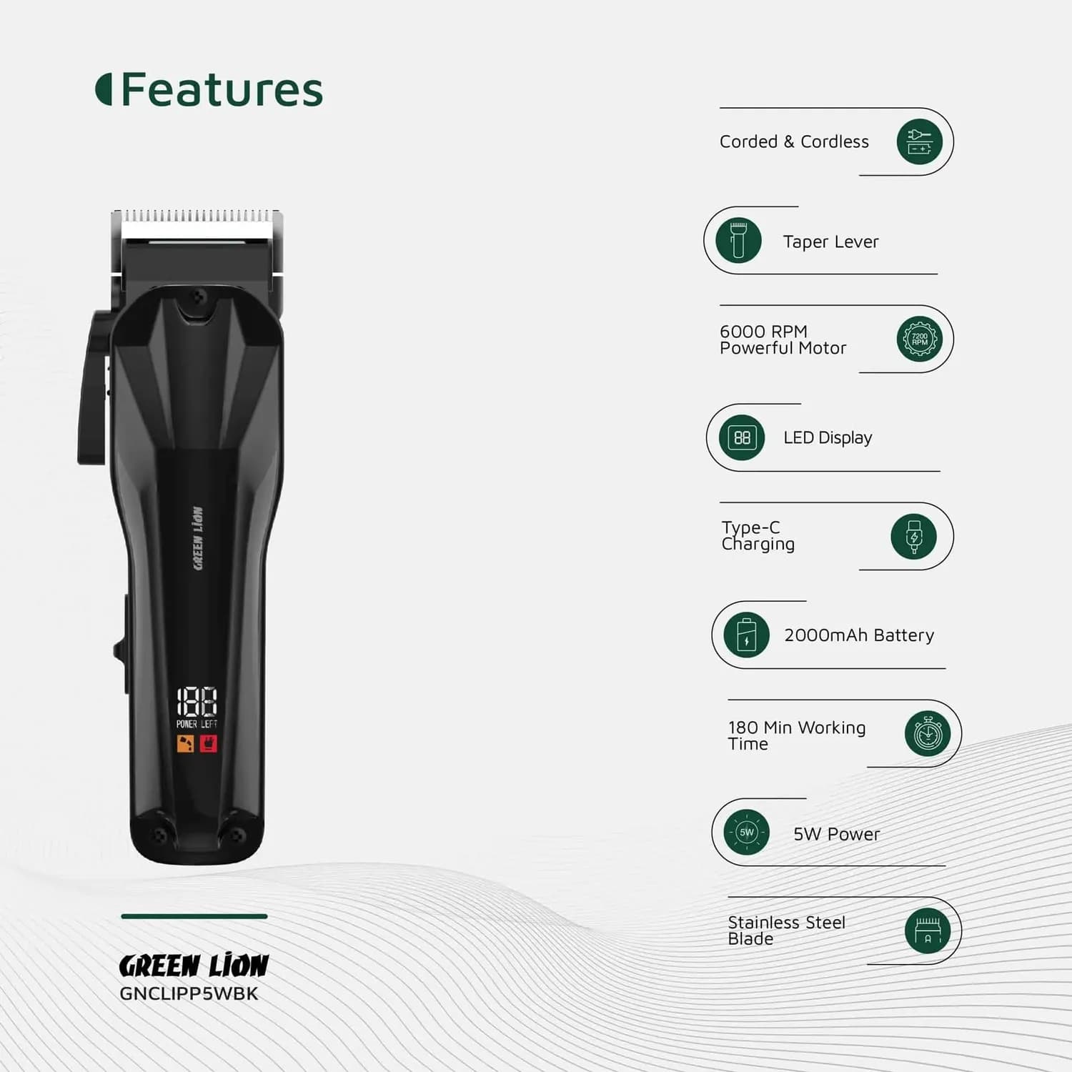 Green Lion Hair Clipper - Cordless, Rechargeable, Black 3