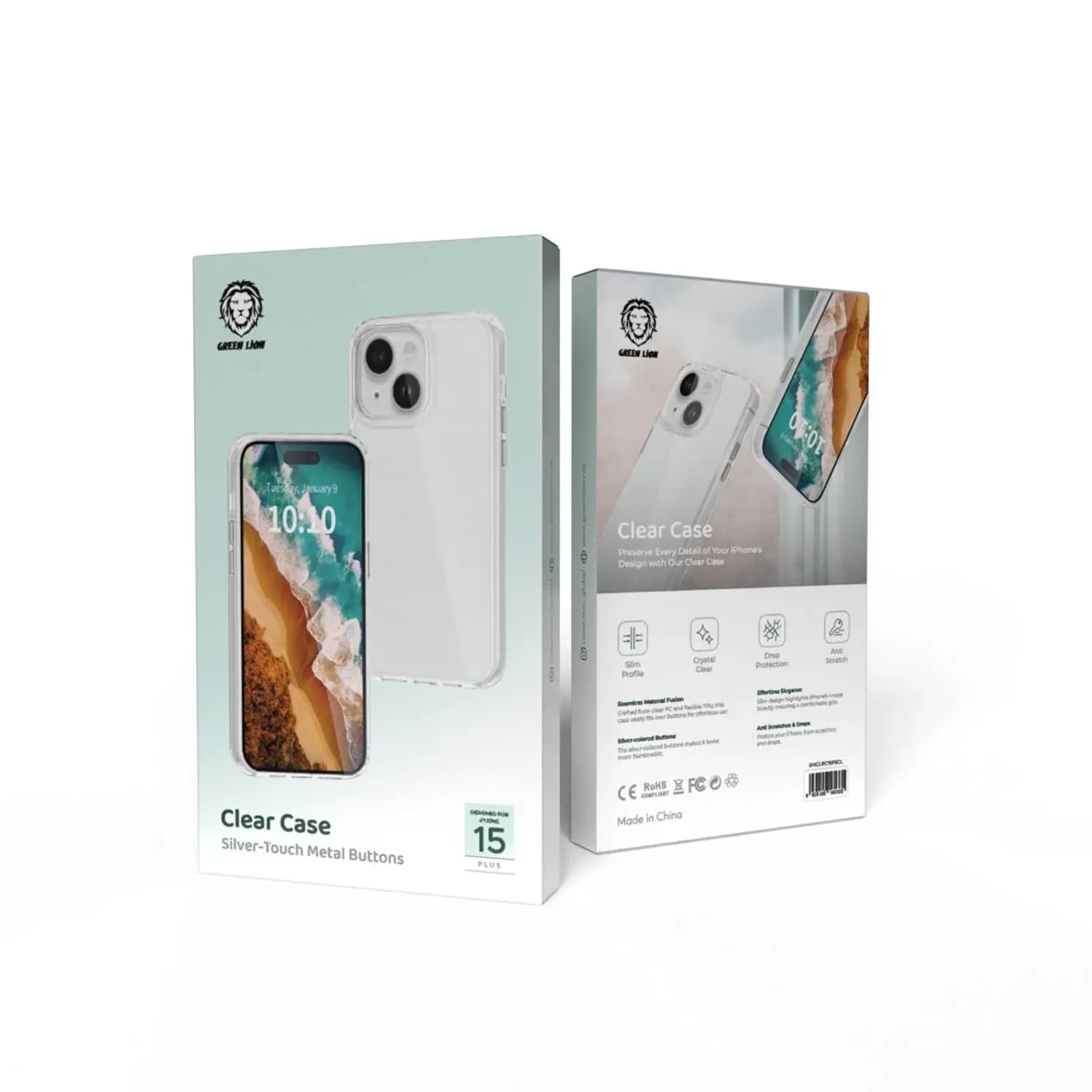 Green Lion Clear Case iPhone 15 Plus - Metal Button, Slim Profile