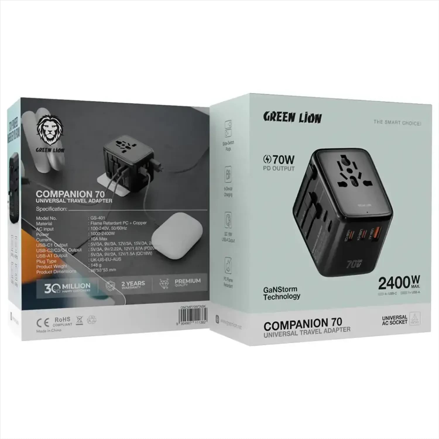Green Lion Travel Adapter Companion 70 - 2400W GaNStorm, Black 2