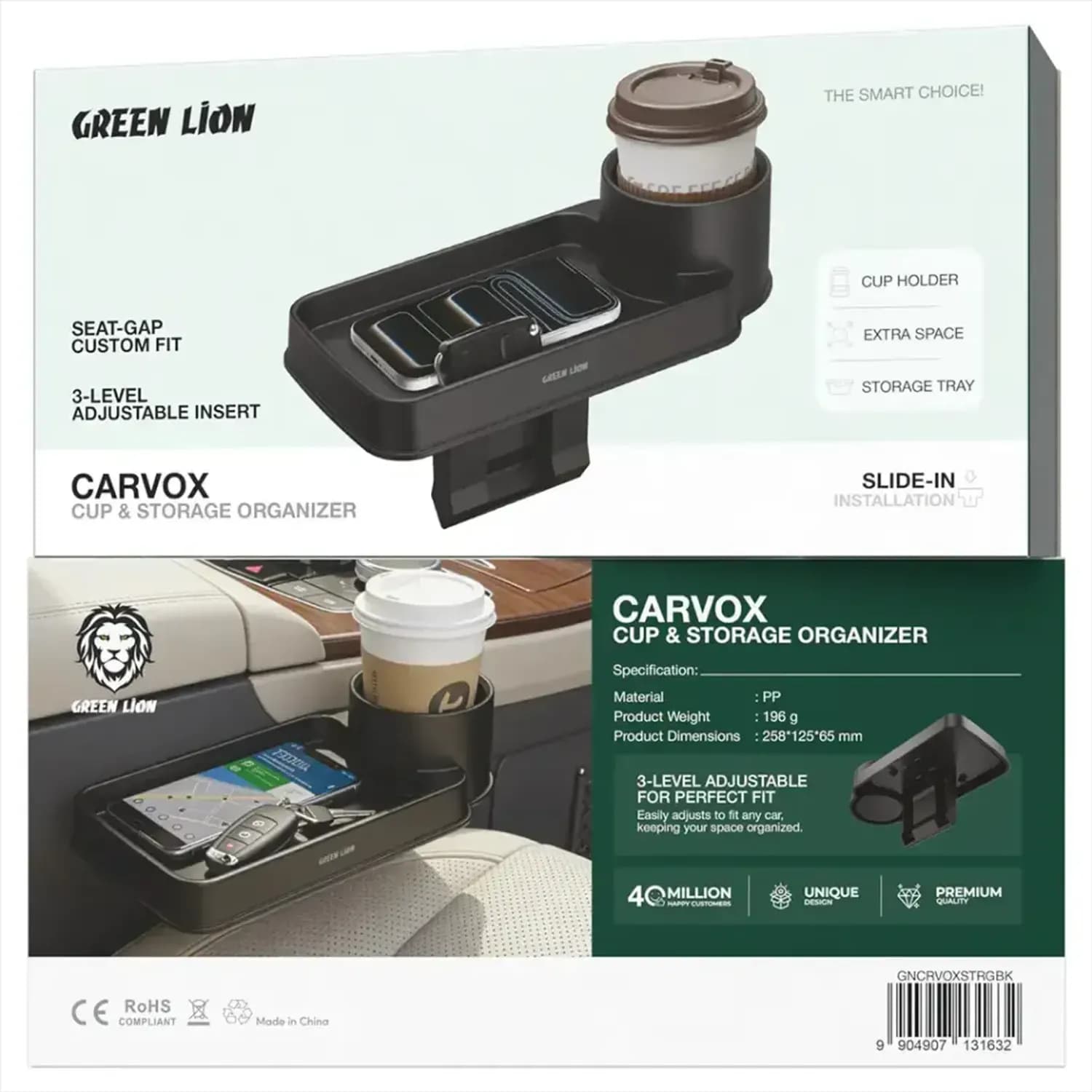 Green Lion Carvox Organizer GNCRVOXSTRG - Seat Gap, Cup & Storage, Black 3