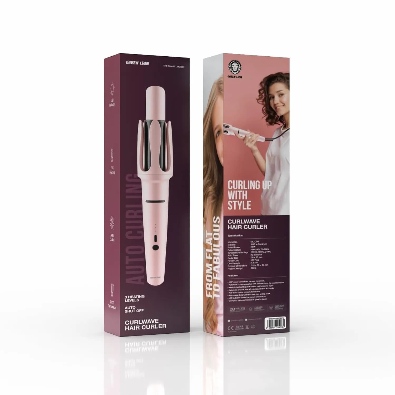Green Lion Curlwave Hair Curler - 3 Heat Levels, Pink 2