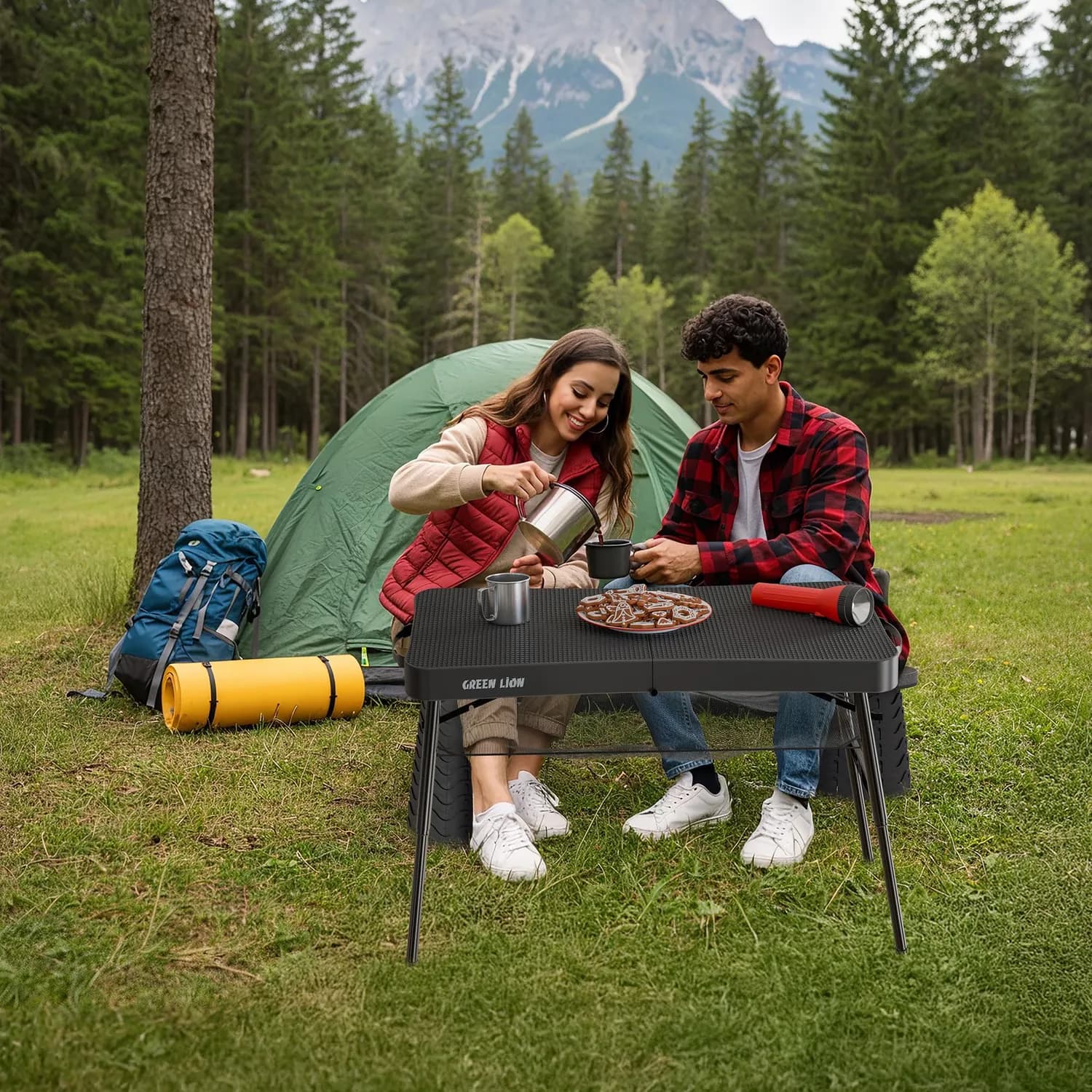 Green Lion Camping Table & Stool Set - Adjustable, Foldable, Black 2