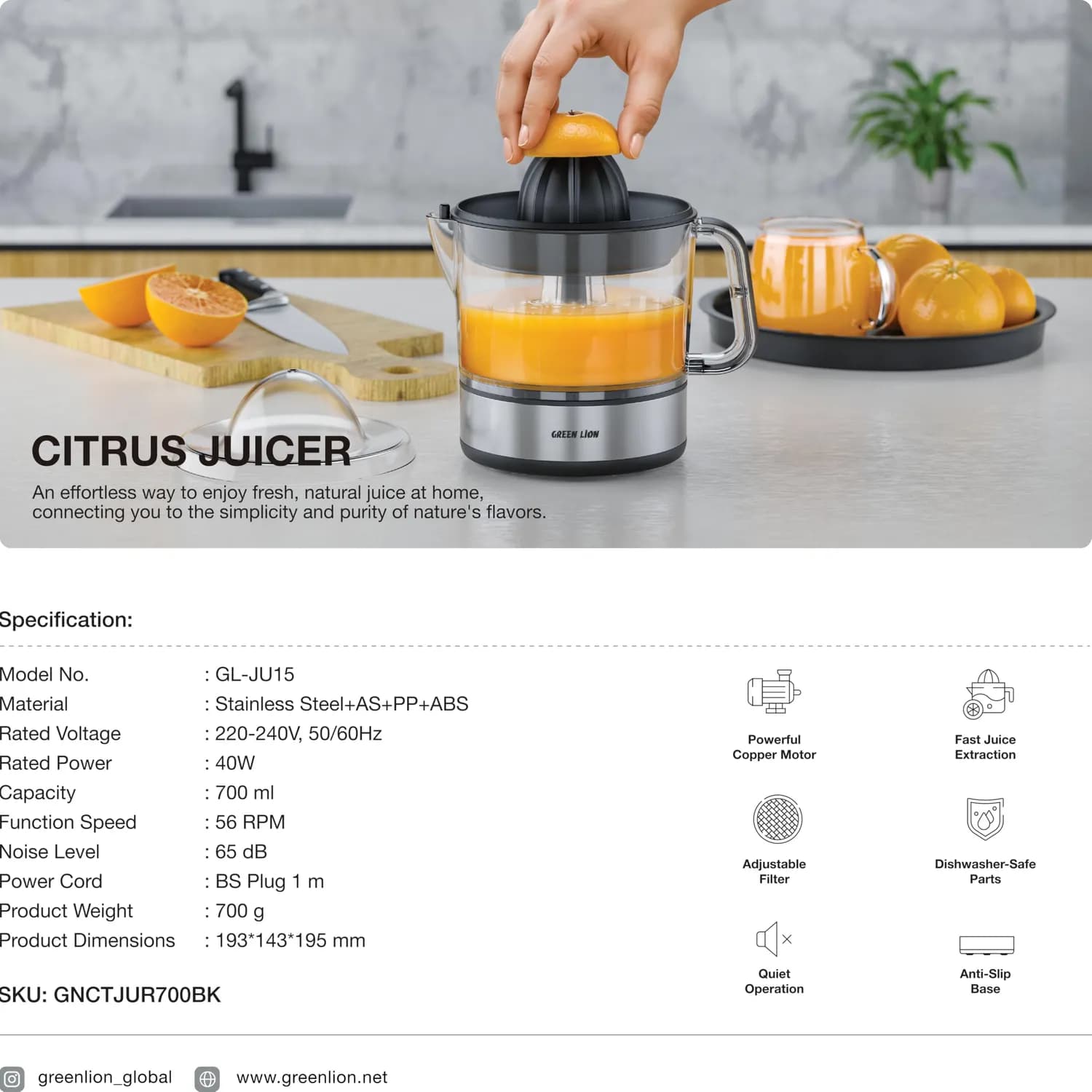Green Lion Citrus Juicer - 700ml, Dual Rotation, Black 5