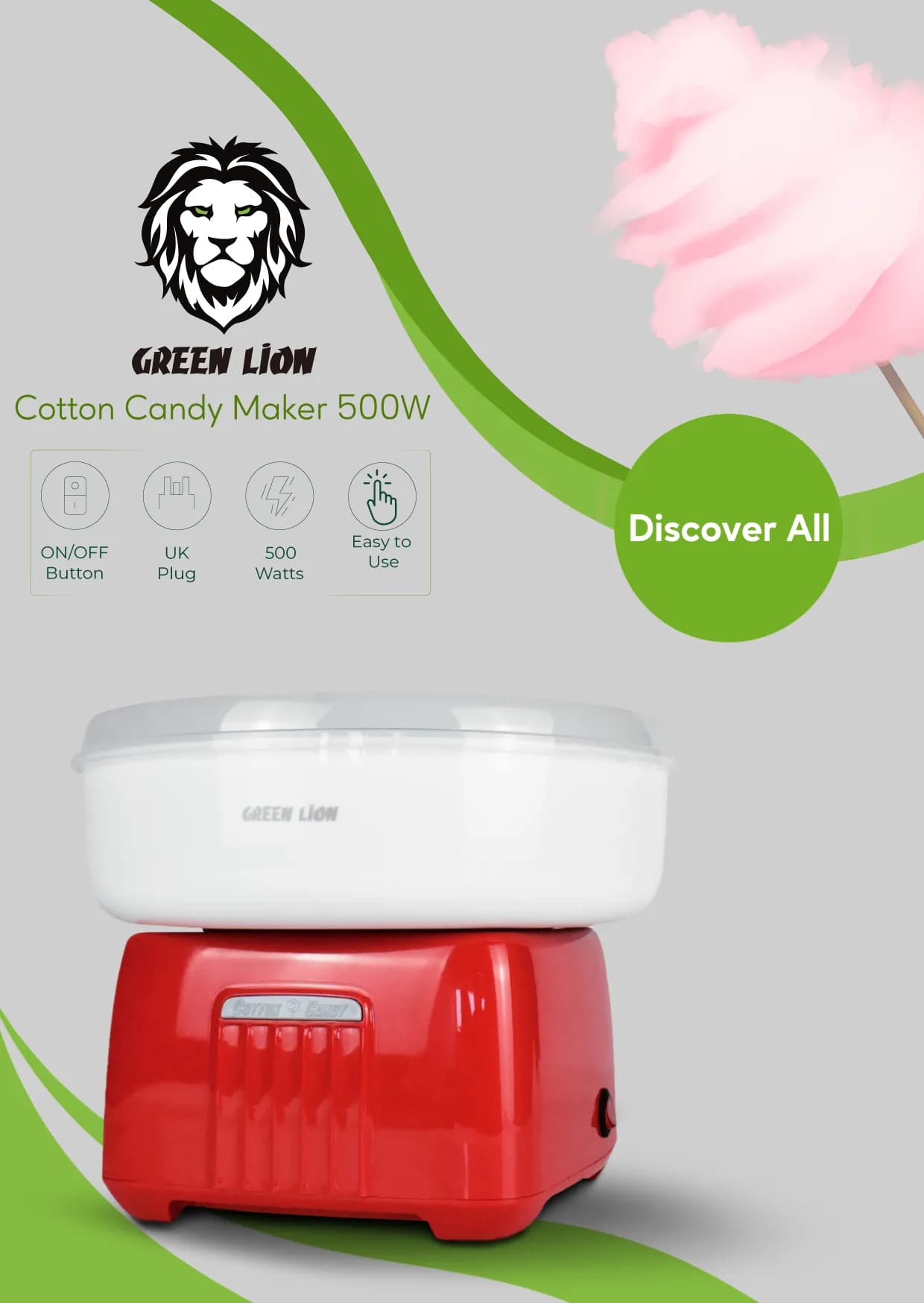 Green Lion Cotton Candy Maker - 500W - White/Red 3
