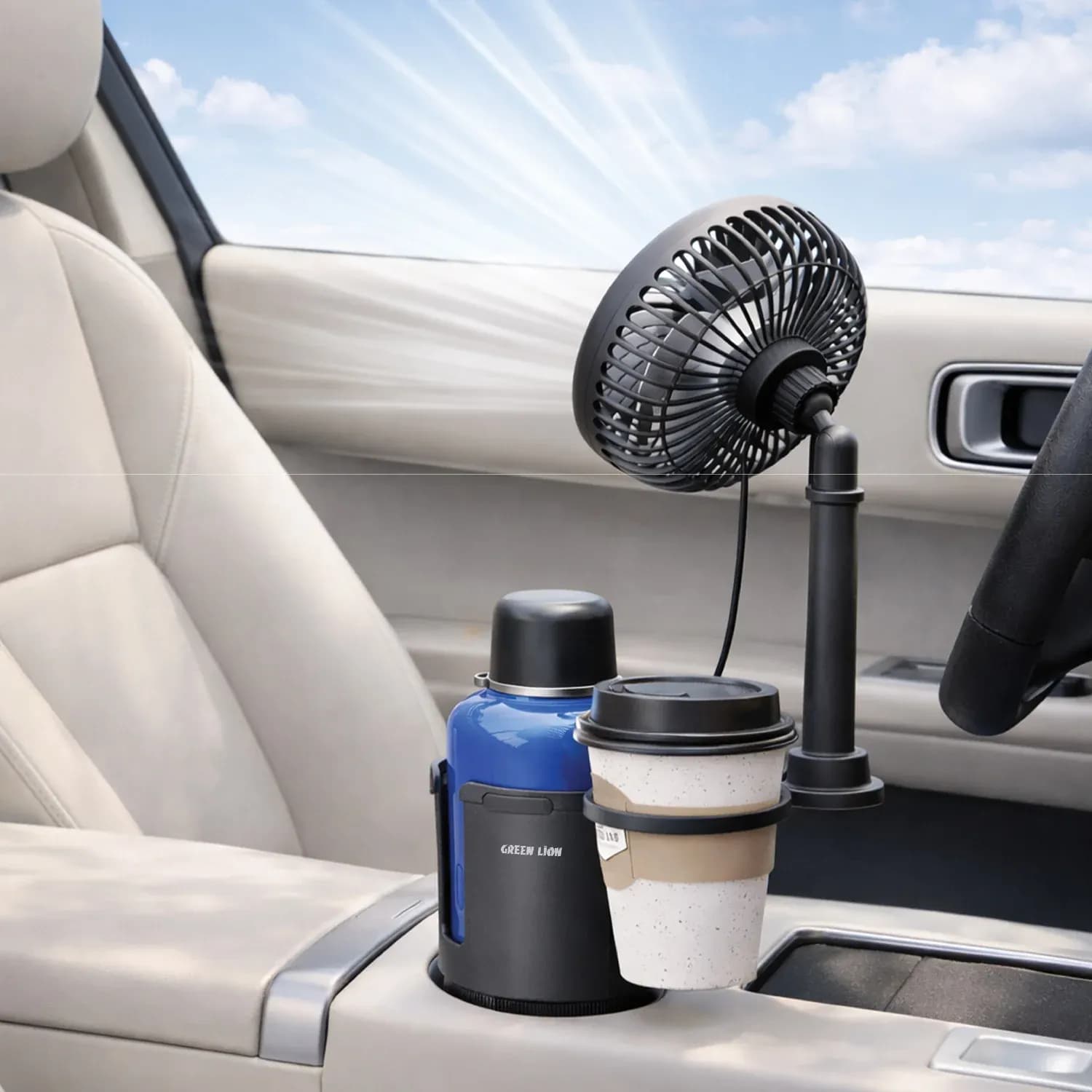 Green Lion Drive Fan Duo - 2-in-1 Cup Holder with Car Fan, Black 4