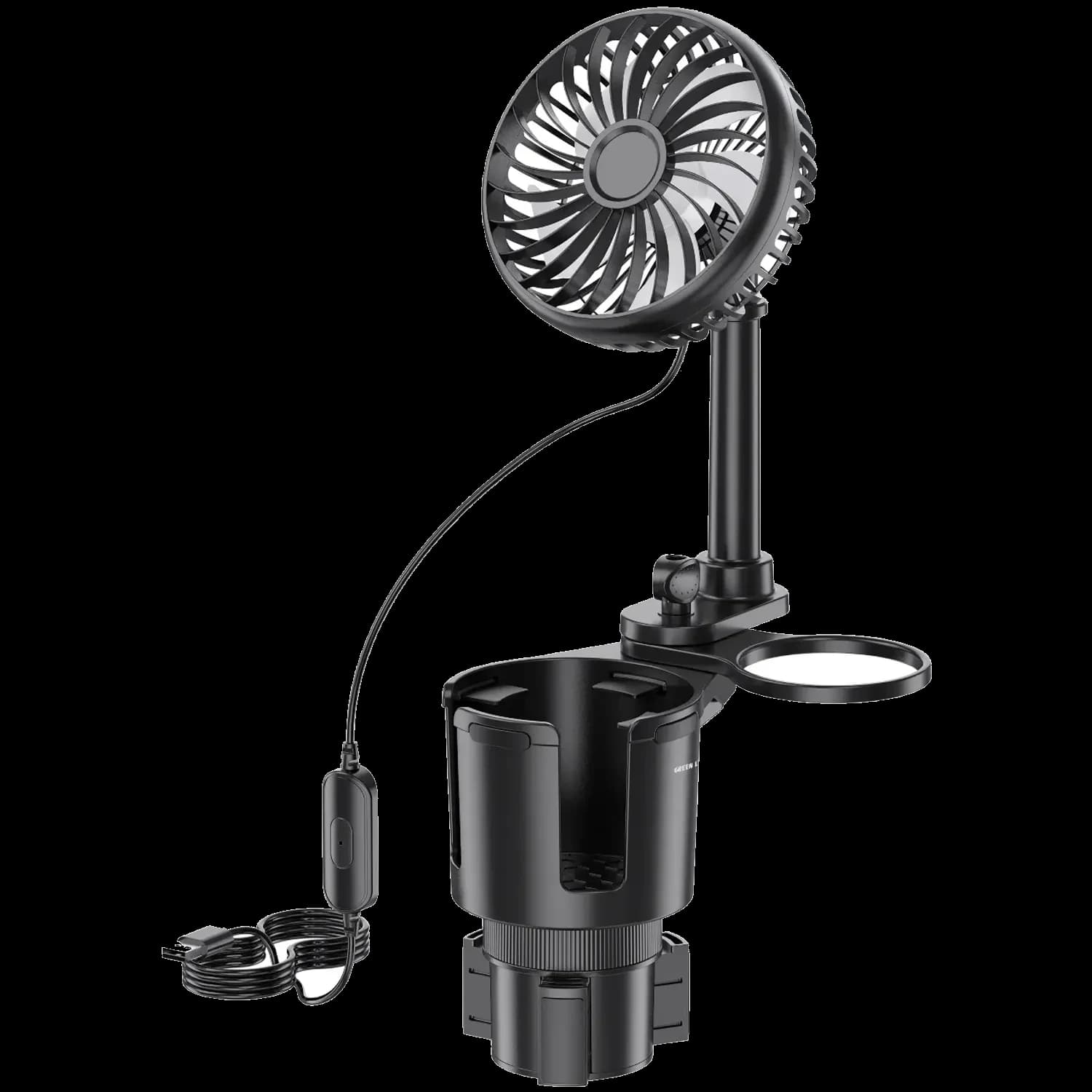 Green Lion Drive Fan Duo - 2-in-1 Cup Holder with Car Fan, Black