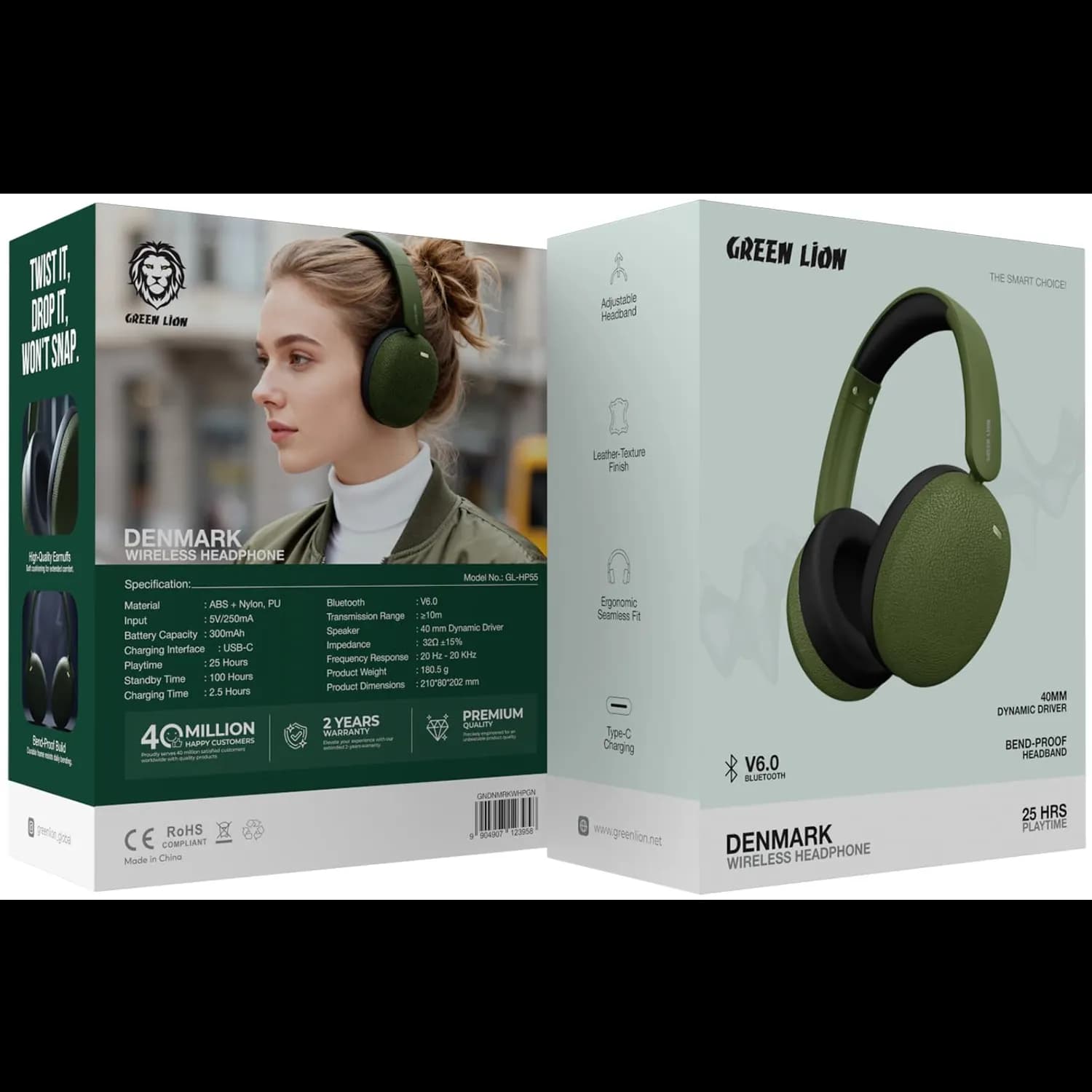 Green Lion Headphones Denmark - Bluetooth V6.0, On-Ear, Green — Black 5