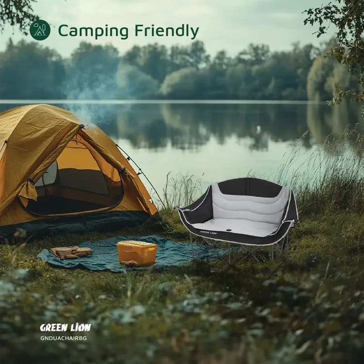 Green Lion Folding Double Camping Chair - 600D Oxford, Black & Grey 2