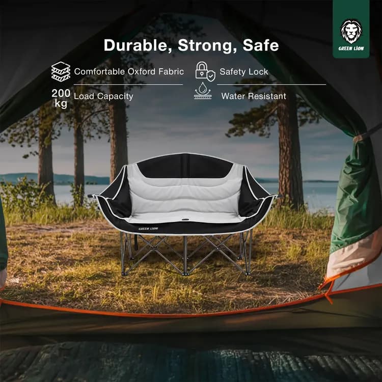 Green Lion Folding Double Camping Chair - 600D Oxford, Black & Grey 4