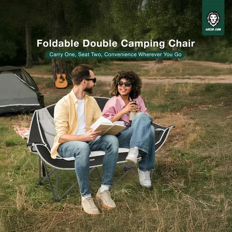 Green Lion Folding Double Camping Chair - 600D Oxford, Black & Grey 5
