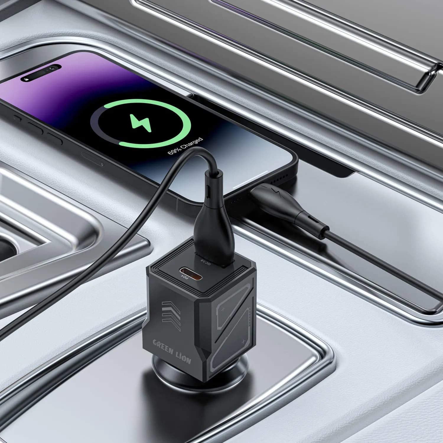 Green Lion Car Charger - 60W Dual Port, Cyberpunk Design 3