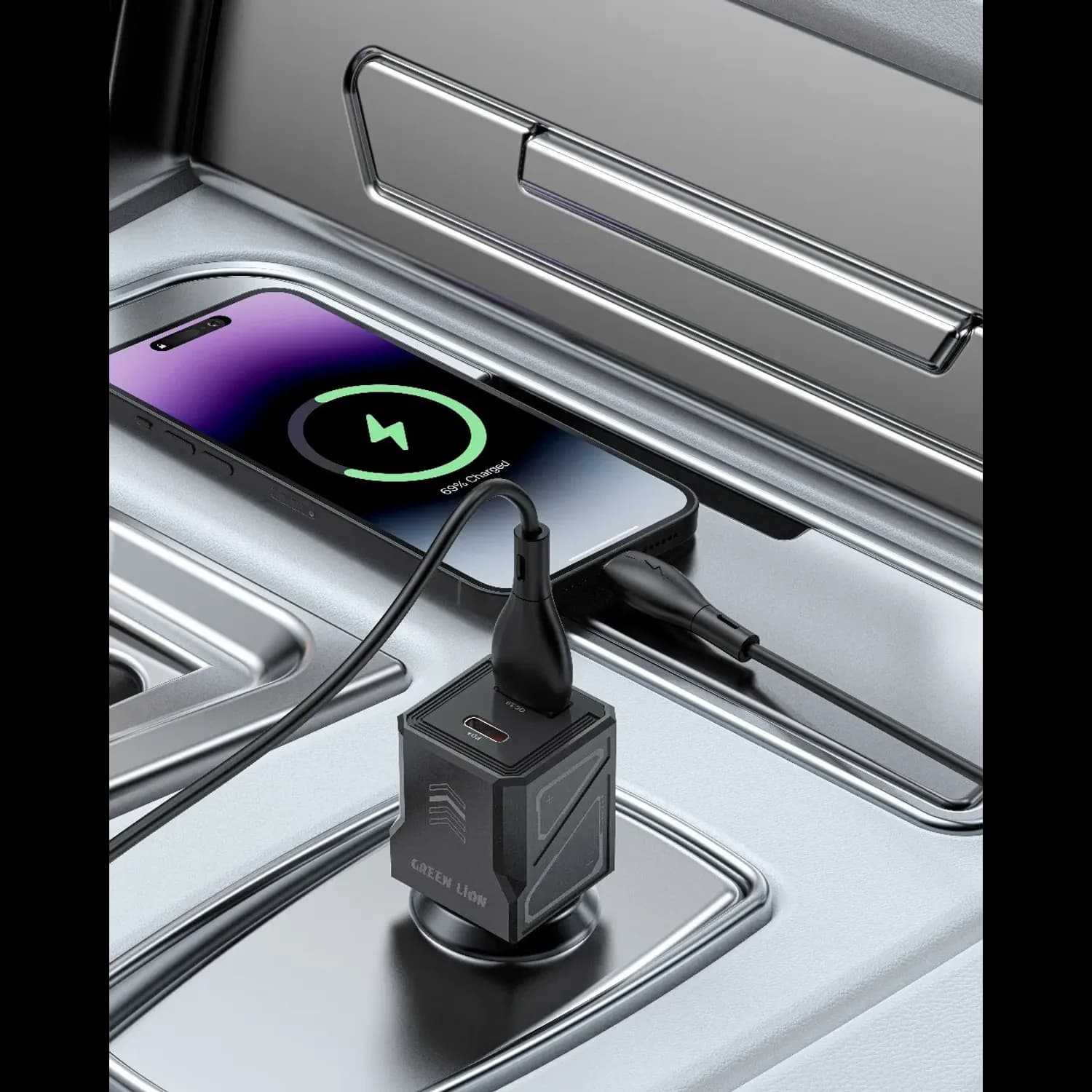 Green Lion Car Charger - Dual 30W PD & QC Ports, Cyberpunk 3