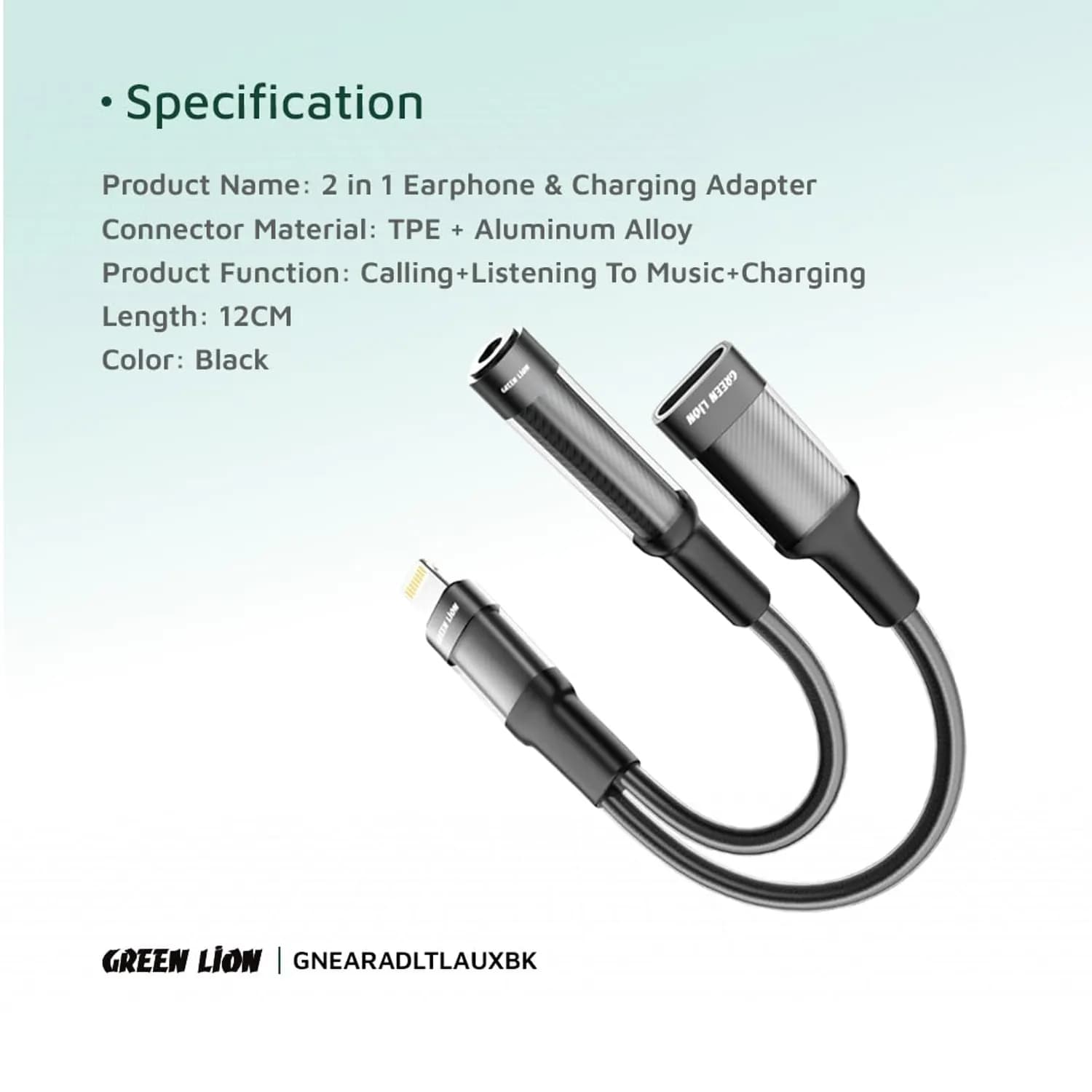 Green Lion Earphone Adapter Lightning to 3.5mm Aux - Braided Cable, Black 2