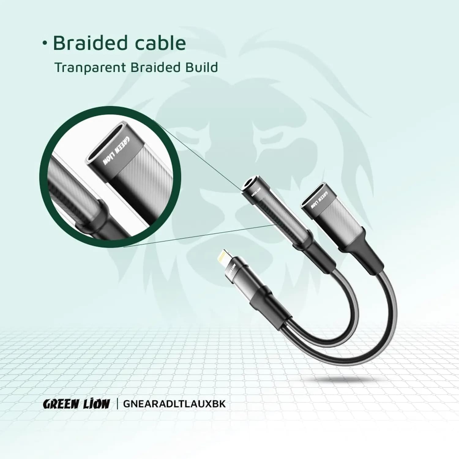 Green Lion Earphone Adapter Lightning to 3.5mm Aux - Braided Cable, Black 3