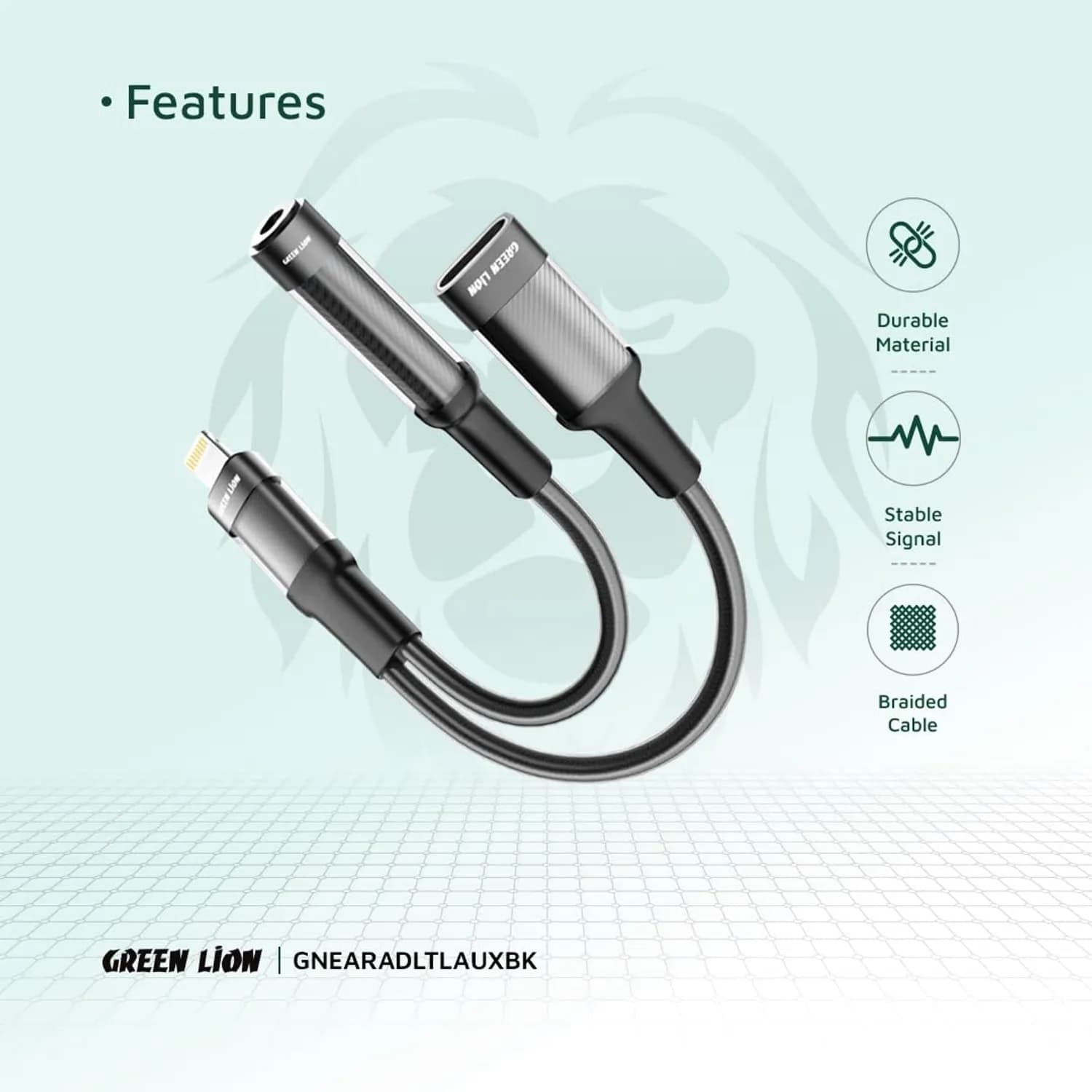 Green Lion Earphone Adapter Lightning to 3.5mm Aux - Braided Cable, Black 4
