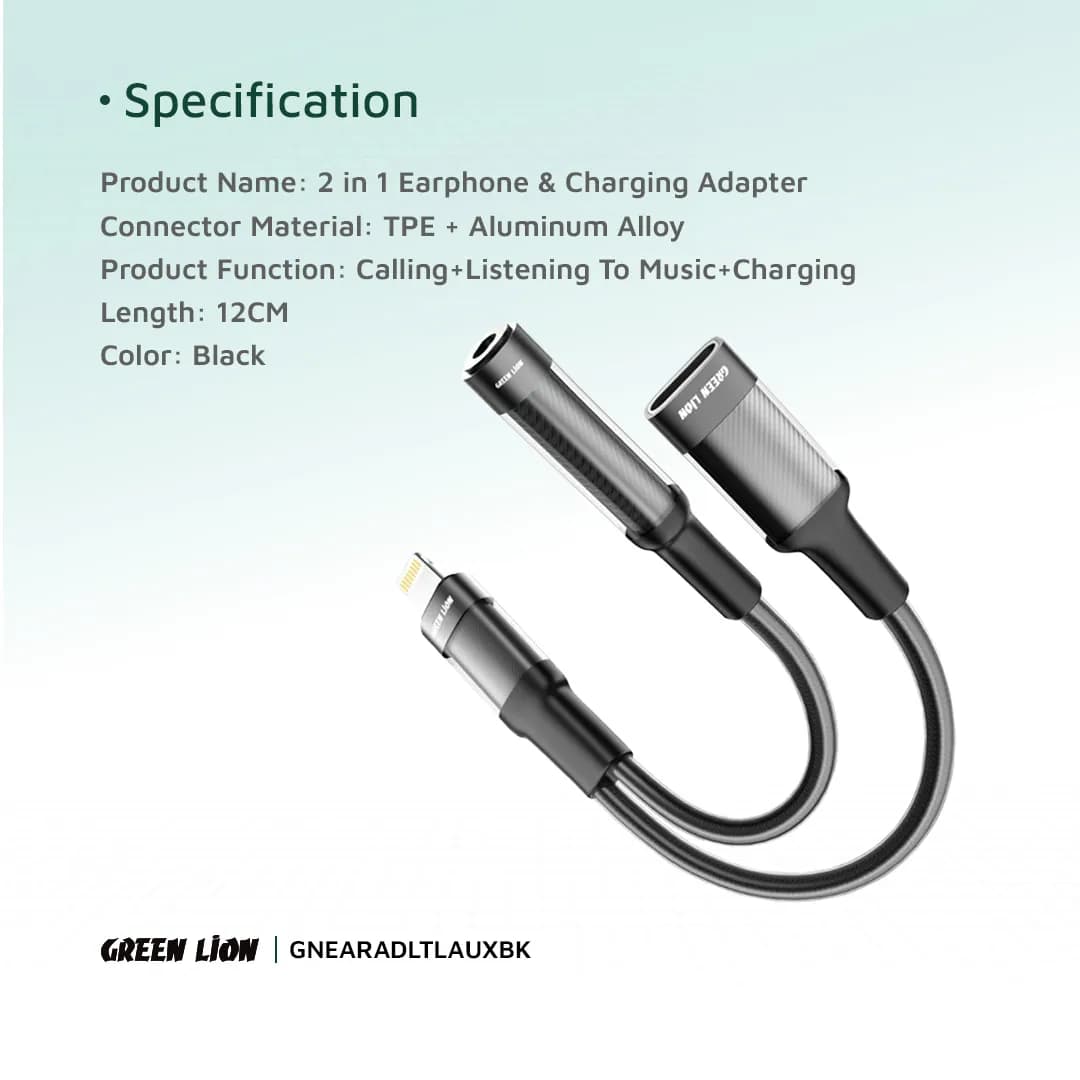 Green Lion 2-in-1 Lightning Earphone & Charging Adapter - Black 3