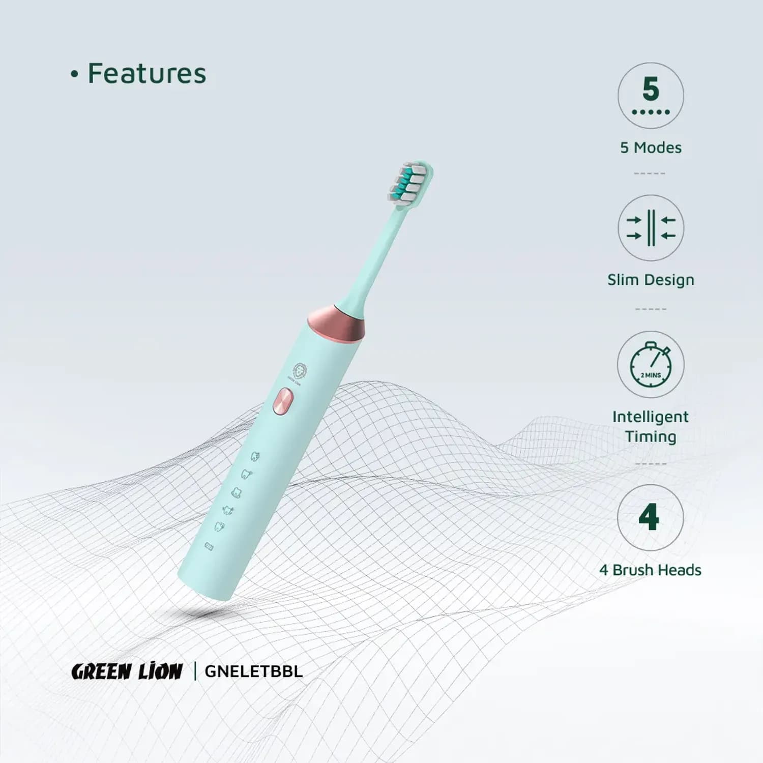 Green Lion Electric Toothbrush - 5 Modes, 4 Brush Heads, Blue 2
